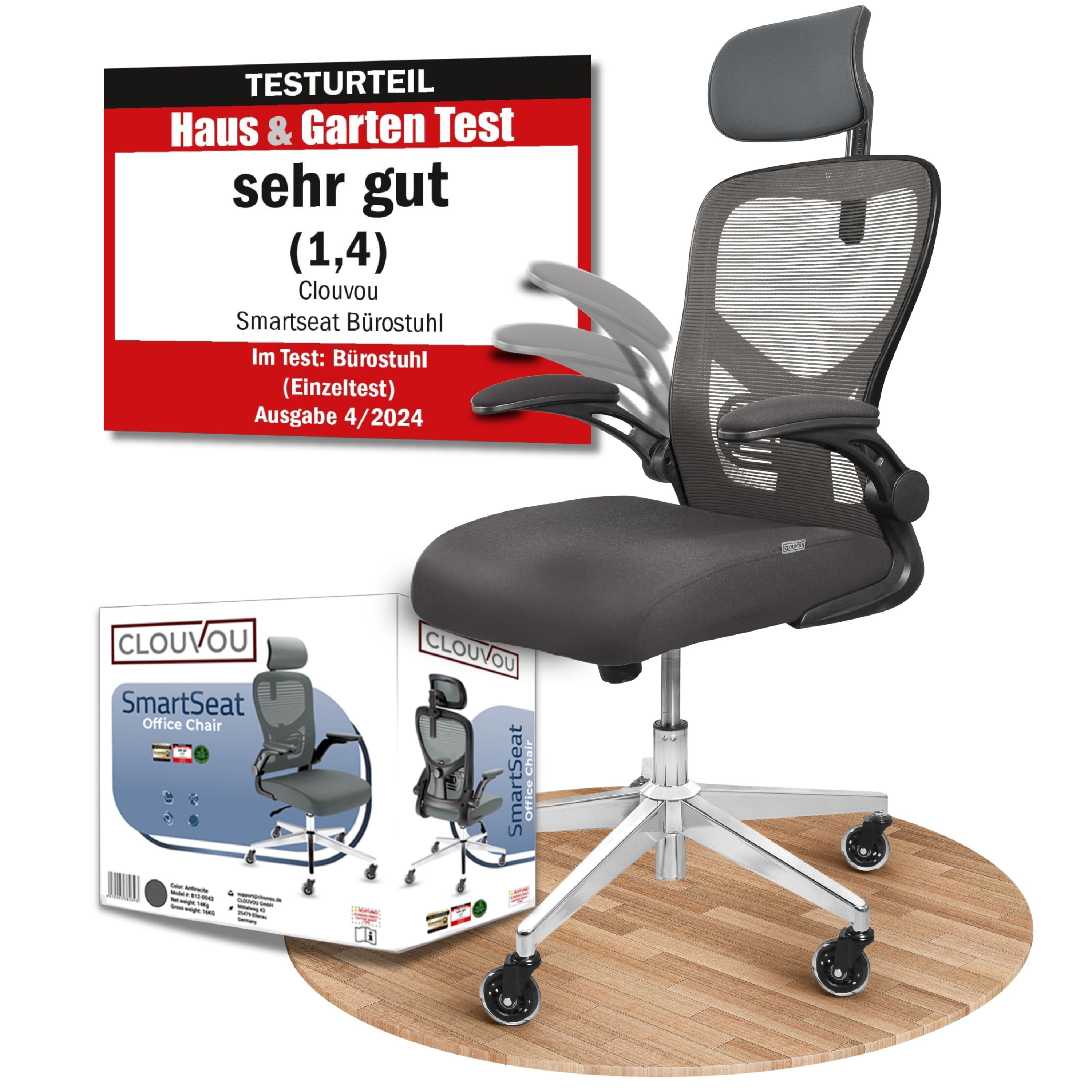 CLOUVOU Bürostuhl Ergonomisch, Schreibtischstuhl bis 150 kg - Testsieger (SmartSeat - Chefsessel für Arbeitszimmer, 3D-Kopfstütze & Flip-Up Armlehnen), Blade Wheels, Homeoffice, Gaming Stuhl, Drehstuhl