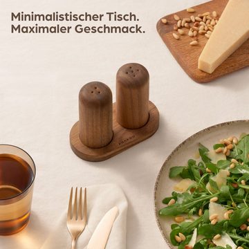 Praknu Salz- / Pfefferstreuer aus Akazienholz mit Untersetzer - Holz Gewürzstreuer - Salt Shaker, (3er Set, 3-tlg), Nachhaltiges FSC Holz - Handgefertigt & Robust - Einfaches Nachfüllen