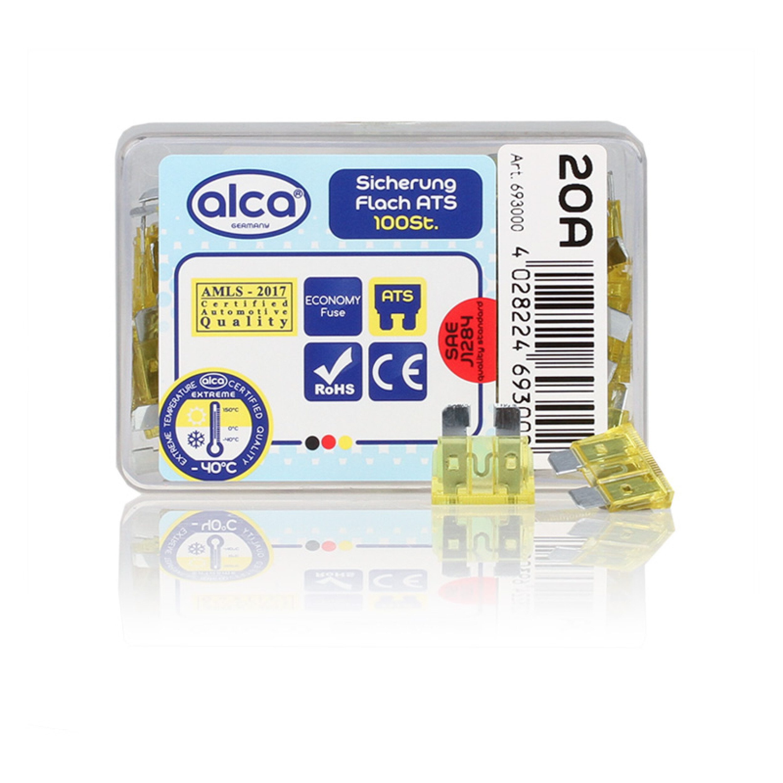 alca Flachstecksicherungshalter Flach-Sicherungen 20 A; 100 St. Economy Box gelb Flachsicherungen, (100-St., 20 Ampere (gelb)