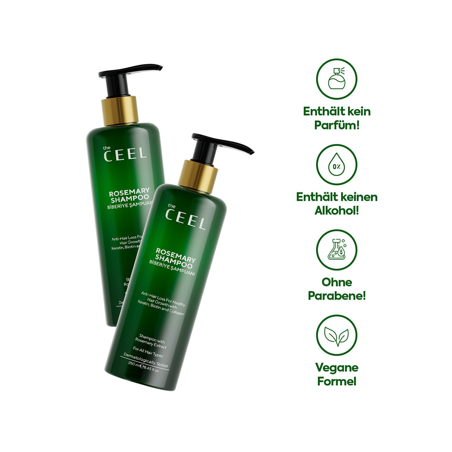 THE CEEL Haarshampoo Rosmarin Shampoo–Haarwachstum fördern & Kräftigung mit Kollagen 250ml, Keratin, Biotin, hydrolysiertes Kollagen-Extrakt