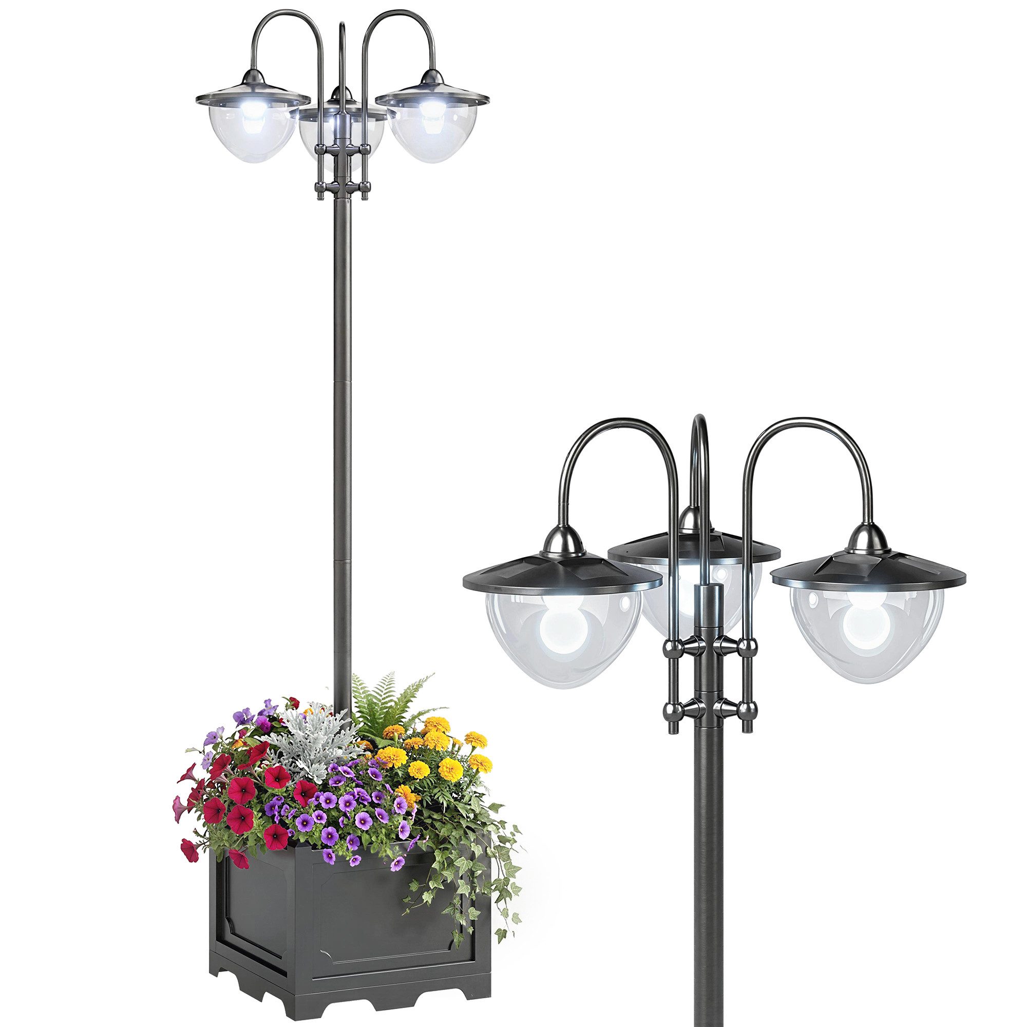 Outsunny Außen-Stehlampe Gartenlicht 3-köpfige Lampe mit Blumentopf-Basis Wasserdicht Edelstahl, Solarbetrieb, Lichtsteuerung, LED, warmweiß, L60 x B55 x H189 cm