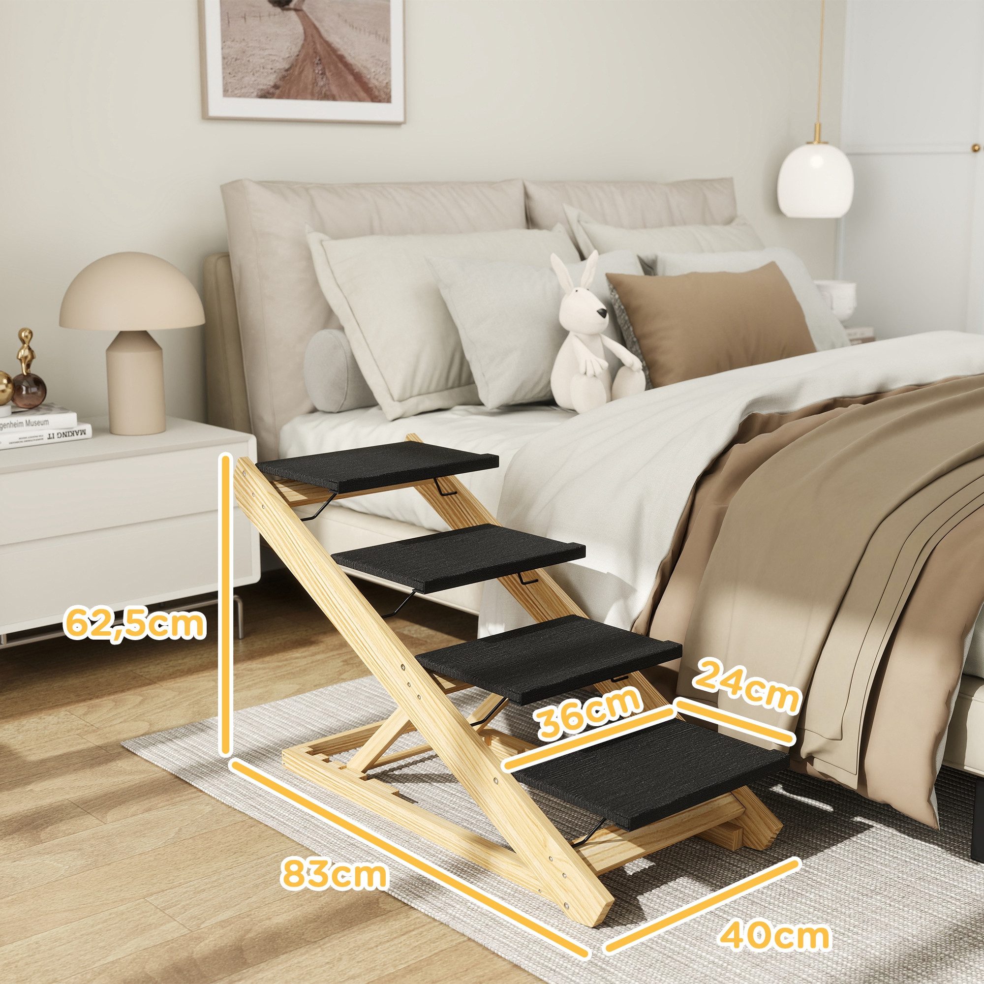 PawHut Haustiertreppe 2 in 1 Hundetreppe 4-stufige 62,5 cm (Hunderampe, 1-St., Hautiertreppe), für Bett, Sofa, große Hunde bis 40 kg, Natur