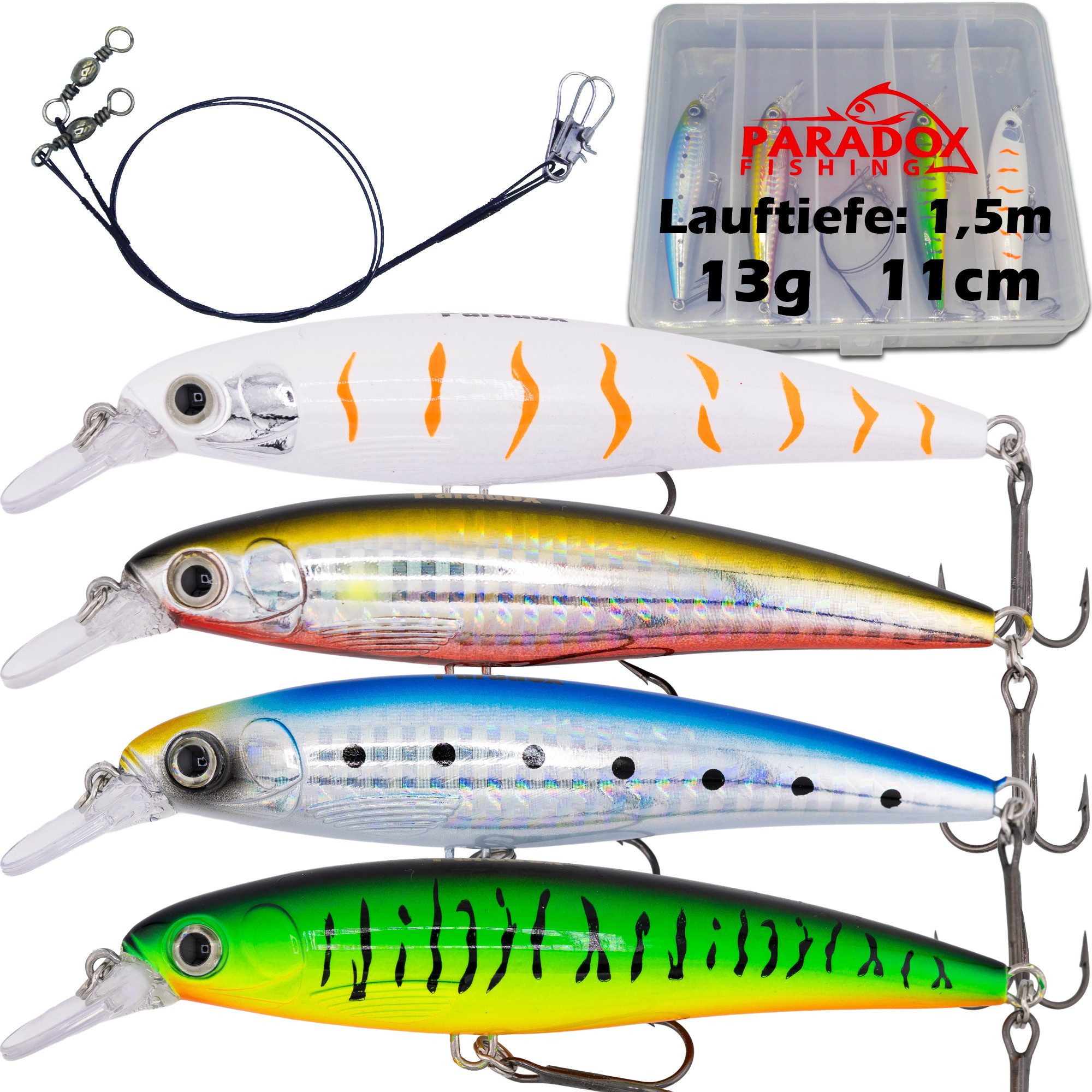 Paradox Fishing Kunstköder PX Zander Striker Zander-Wobbler Set 4 Stück 13g 11cm mit Box, VMC Haken