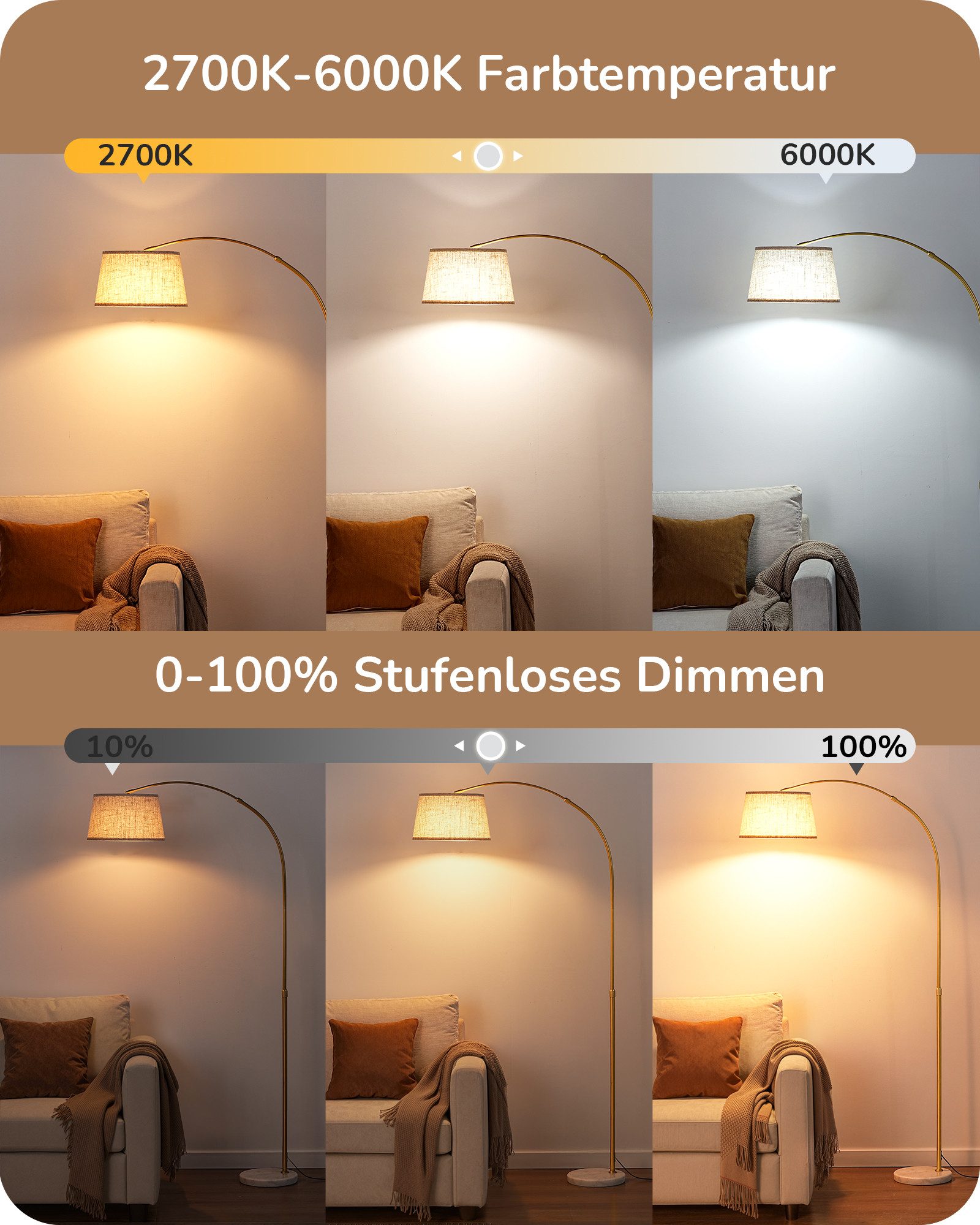 EDISHINE Stehlampe Wohnzimmer dimmbar, Standleuchte Höhenverstellbar, LED wechselbar, kaltweiß bis warmweiß dimmbar, LED Bogenlampe mit Fernbedienung