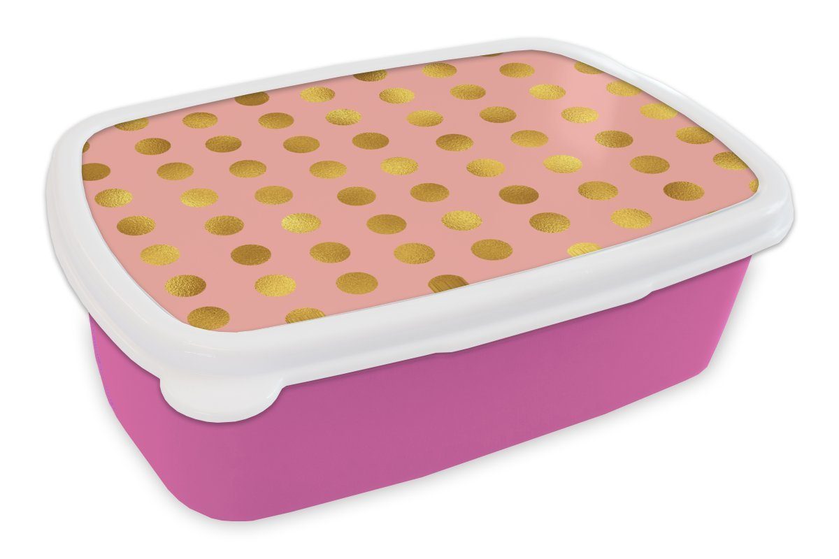 MuchoWow Lunchbox Muster - Punkte - Rosa - Gold, Kunststoff, (2-tlg), Brotbox für Erwachsene, Brotdose Kinder, Snackbox, Mädchen, Kunststoff