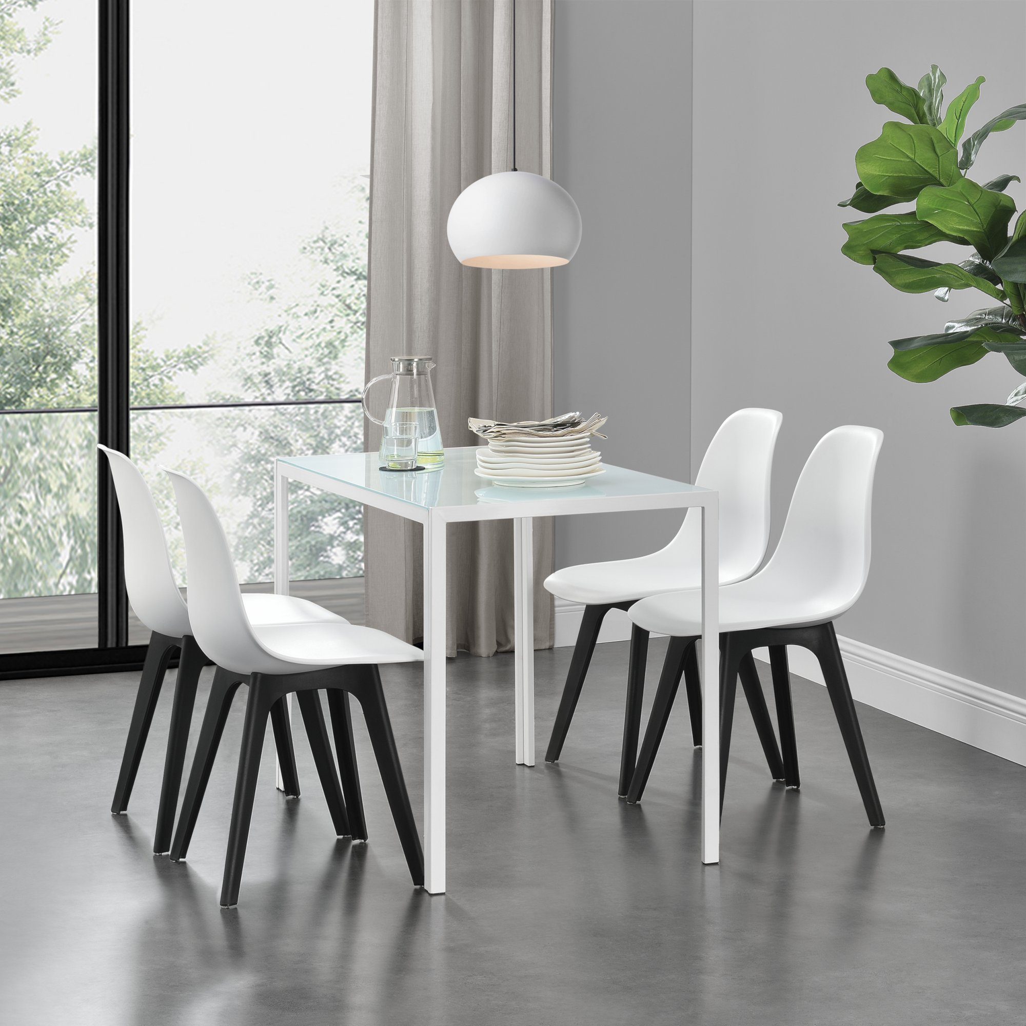 en.casa Essgruppe, (Set, 5-tlg., 4 Stühle, 1 Tisch), »Stathelle« Küchentisch mit Stühlen Weiß + Weiß/Schwarz weiß - schwarz
