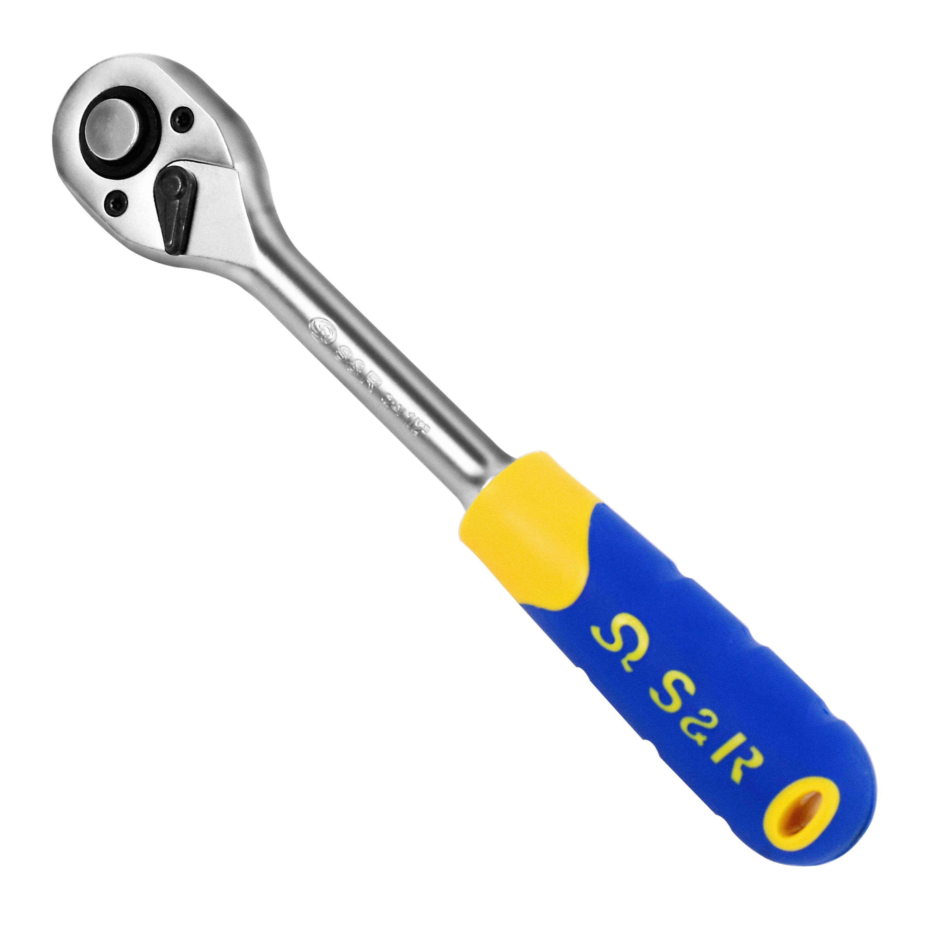 S&R Umschaltknarre 1/2 Zoll, CrV-Stahl, umschaltbare Ratsche für Links- und Rechtsanzug, Vierkantabtrieb, Hebelratsche 45 Zähne, Betätigungswinkel 8°