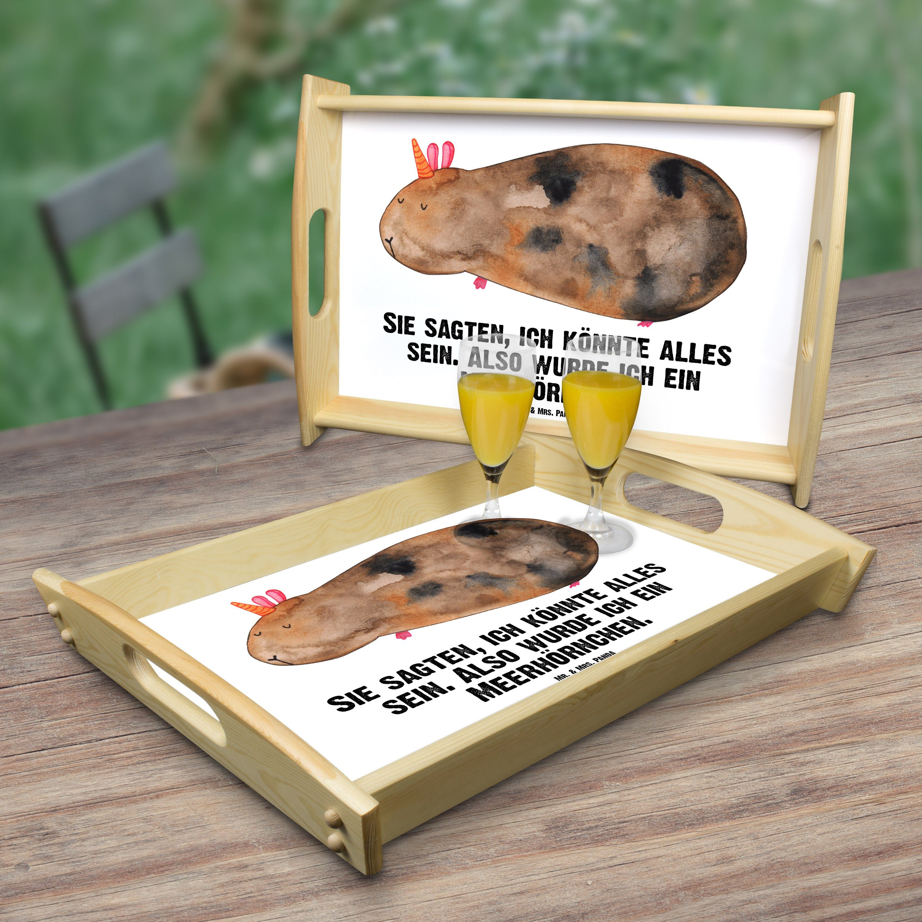 Mr. & Mrs. Panda Tablett Echtholz (1-tlg) Einhorn, - Meerschwein, - Tablett, Frühst, lasiert, Geschenk, Weiß Meerhörnchen
