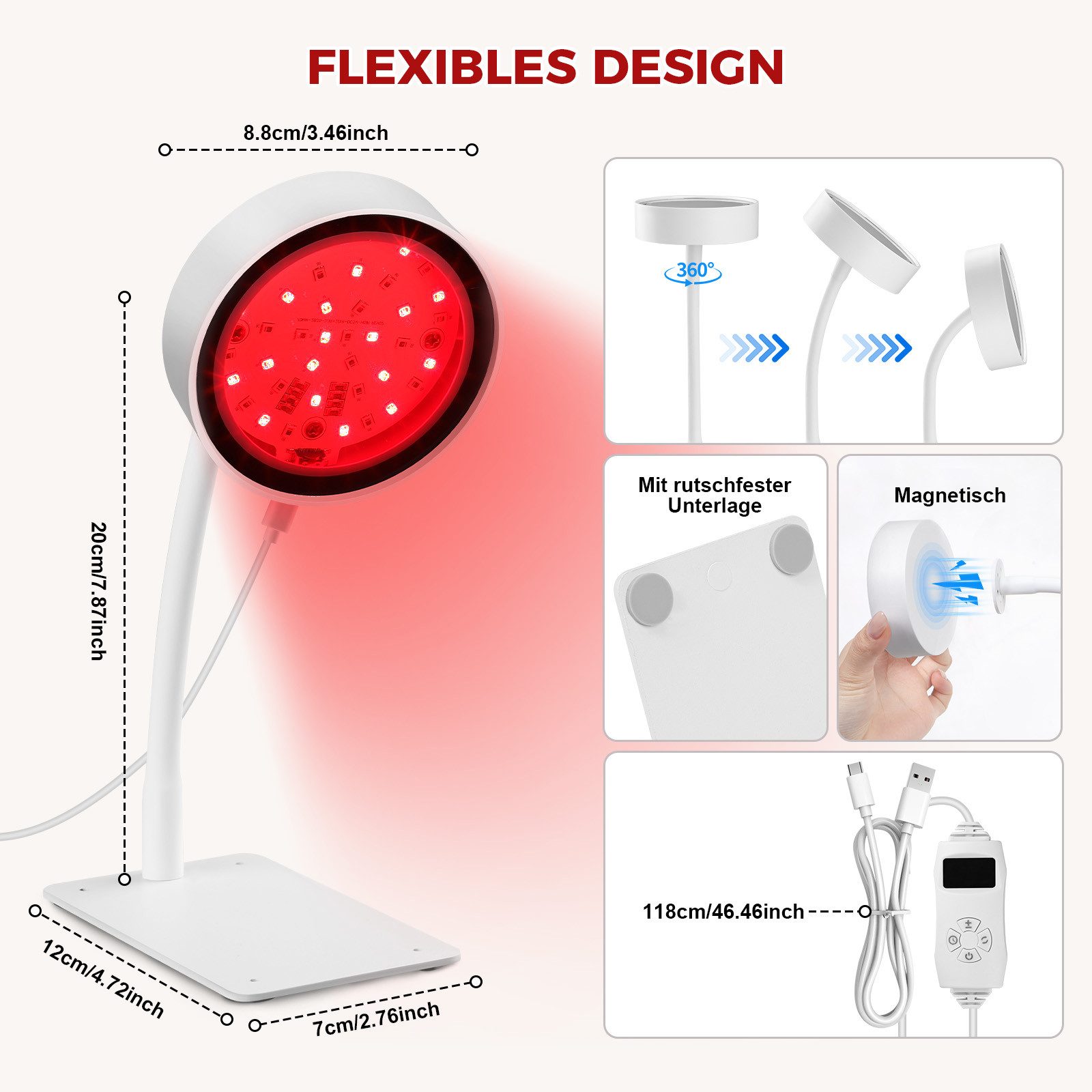 VIVIHEYDAY Lichttherapiegerät Rotlichtlampe mit Sockel, 660nm&850nm Infrarotlampe, Verstellbarer Schwanenhals & Timer, 40LEDs Rotlichtlampe, für für Gesicht, Körper Genesung, Muskel