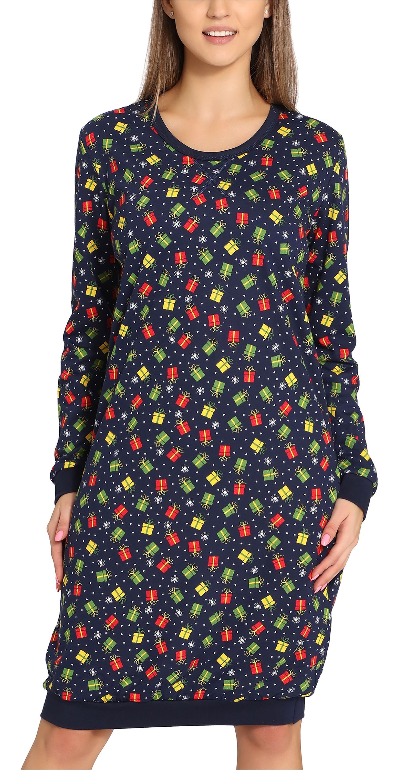 Merry Style Nachthemd Damen Nachthemd Langarm aus Baumwolle MS10-180 (1-tlg) Marineblau/Geschenke
