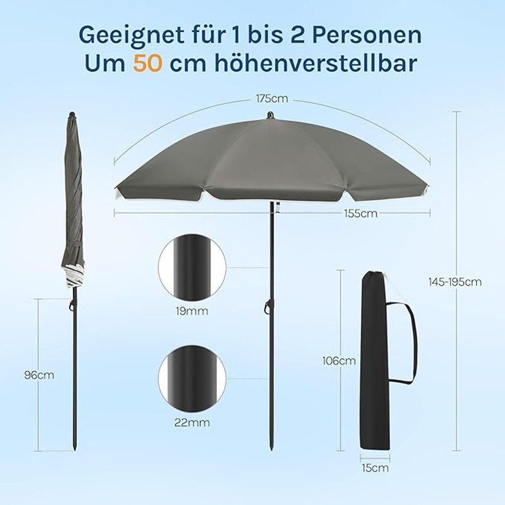 Woltu Sonnenschirm, UPF 50+, Balkonschirm φ135/155/175 cm, mit Tragetasche