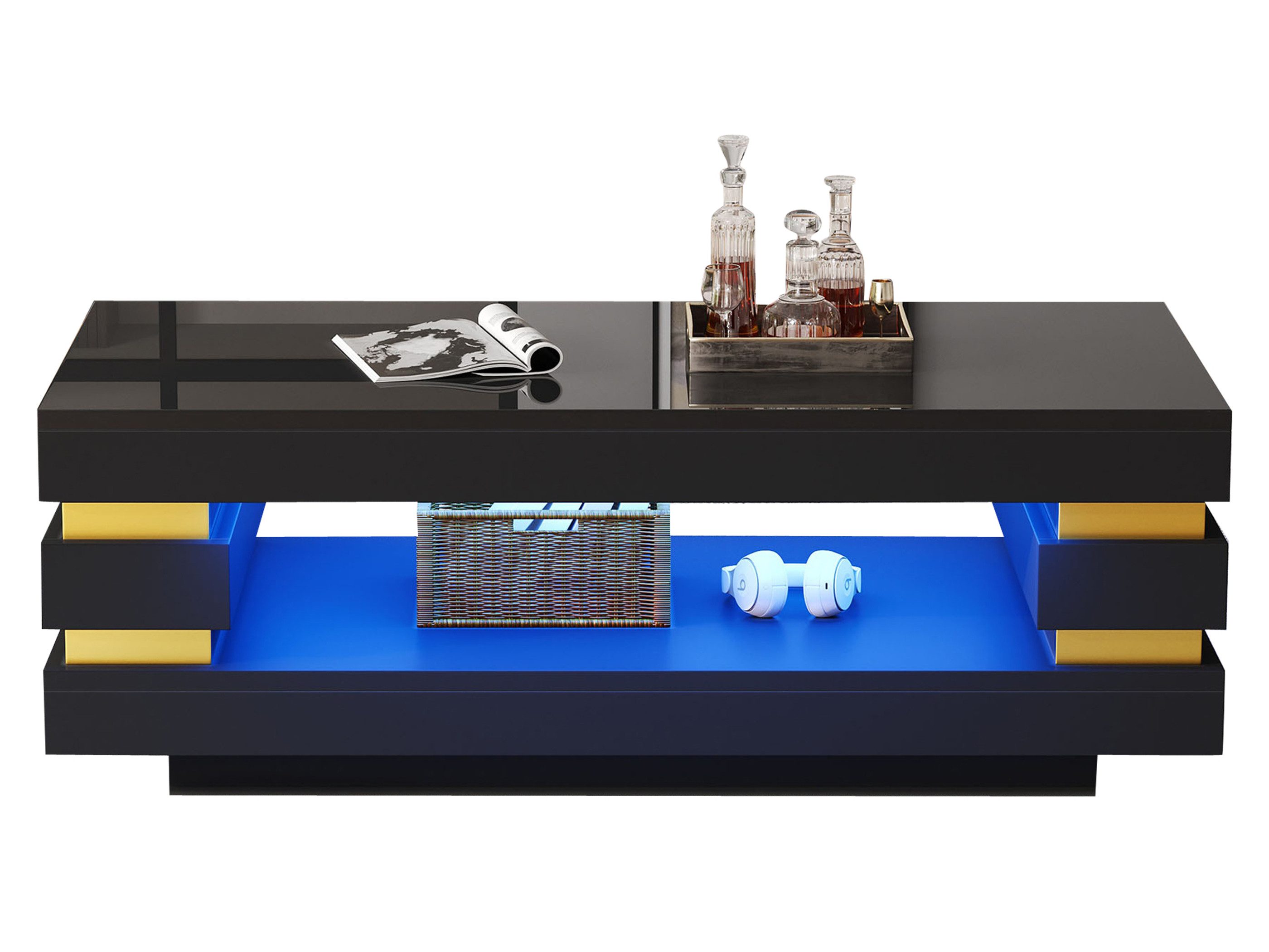 SeedWave Couchtisch Moderner Couchtisch in Hochglanz mit LED-Beleuchtung, Offenem Fach, Wohnzimmertisch mit Goldakzente, bodenstehender Bauweise