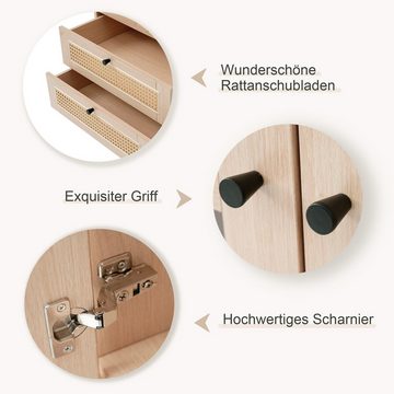 REDOM Highboard Hochwandkommode Schrank Vitrine, mit Rattan-Schubladen, transparenten Türen, Einlegeböden