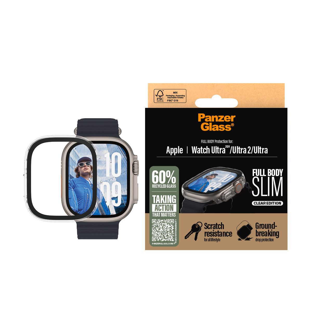 CARE by PanzerGlass Displayschutzglas Full Body Protection für Apple Watch Ultra, Apple Watch Ultra 2, Displayschutzfolie, Schutzfolie, Bildschirmschutz, kratz- & stoßfest