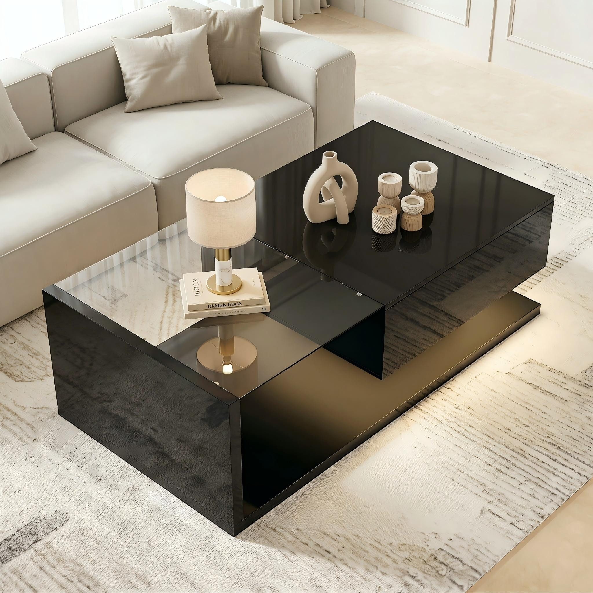 Totnz Couchtisch in Hochglanz mit Glasplatte und 16-farbiger LED-Beleuchtung (Beistelltisch mit Schublade), Sofatisch mit Ablagefach, Wohnzimmertisch