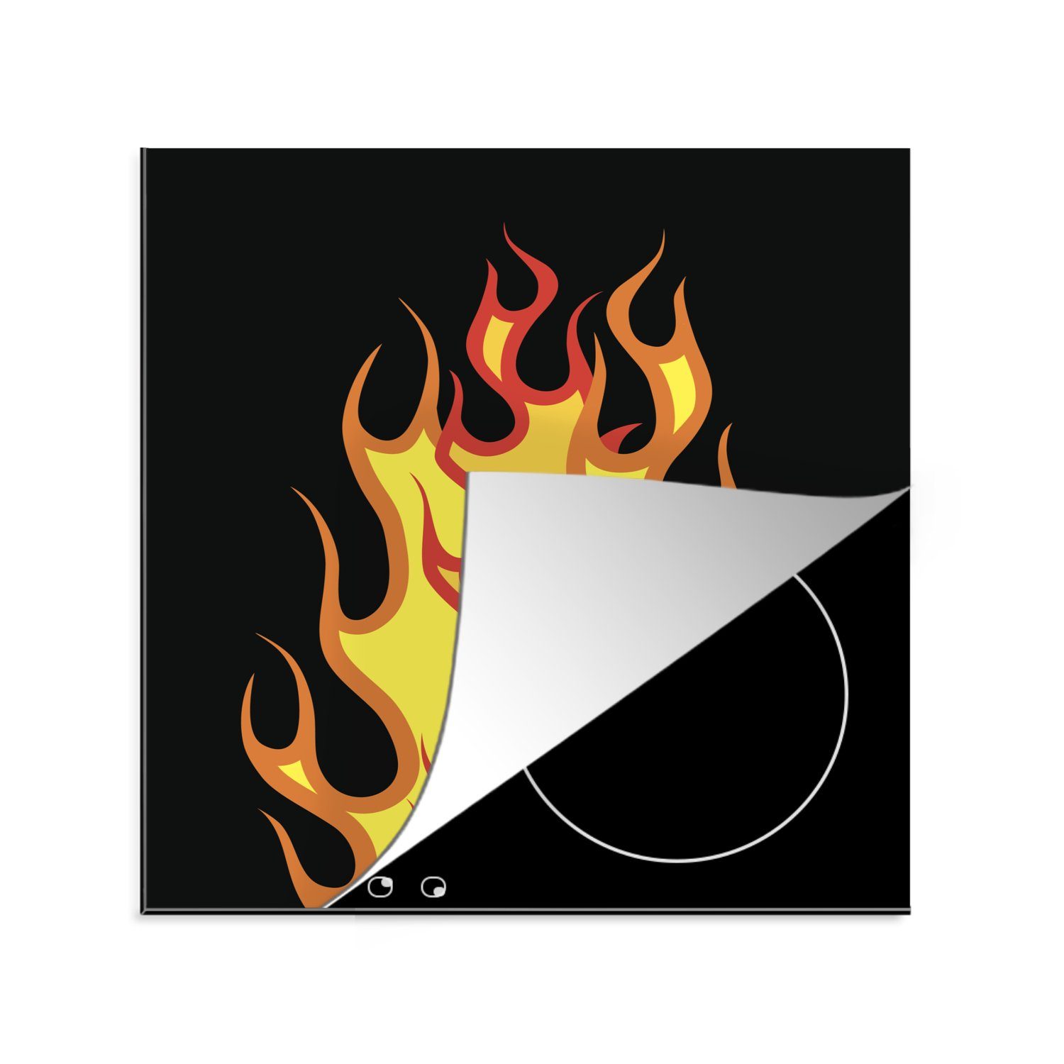 MuchoWow Herdblende-/Abdeckplatte Illustration einer Flamme auf schwarzem Hintergrund, Vinyl, (1 tlg), 78x78 cm, Ceranfeldabdeckung, Arbeitsplatte für küche