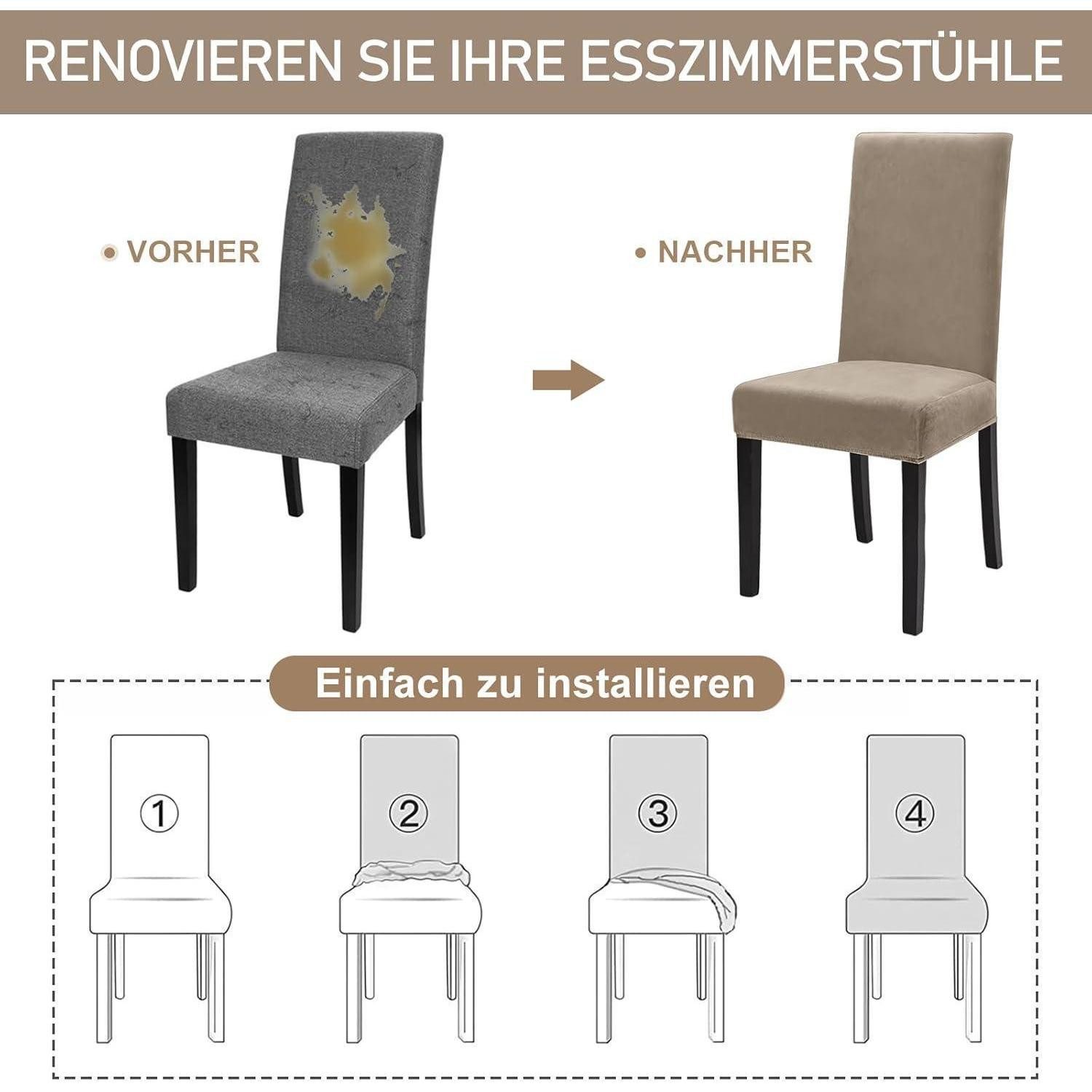 LuxusKollektion Stuhlbezug Stuhlhussen Stretch Samt Waschbar Schwingstuhl 4er Khaki 4 Stück – Bild 5 von 5