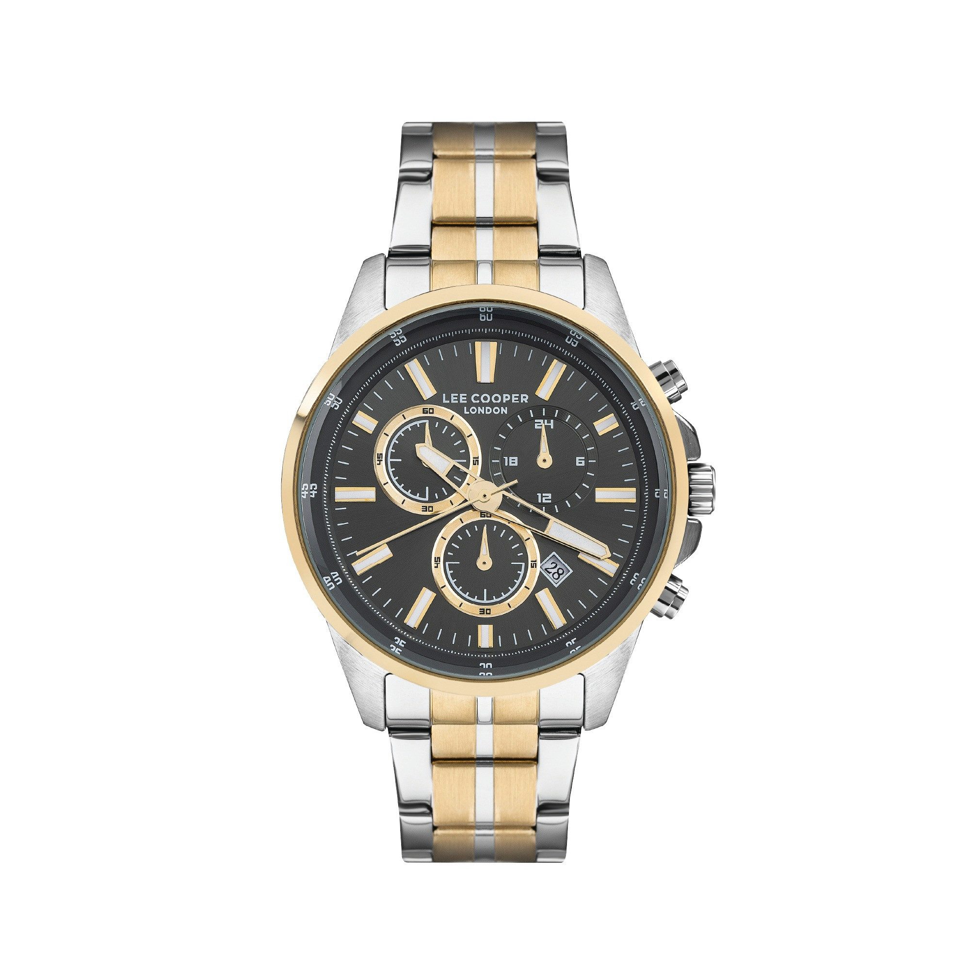 Lee Cooper Multifunktionsuhr Herrenuhr mit Metallarmband, 45 mm, Herren Armbanduhr graues Zifferblatt, silber-gold – LC07277.260, Datum, Mineralglas, 5 ATM, inkl. Geschenkbox