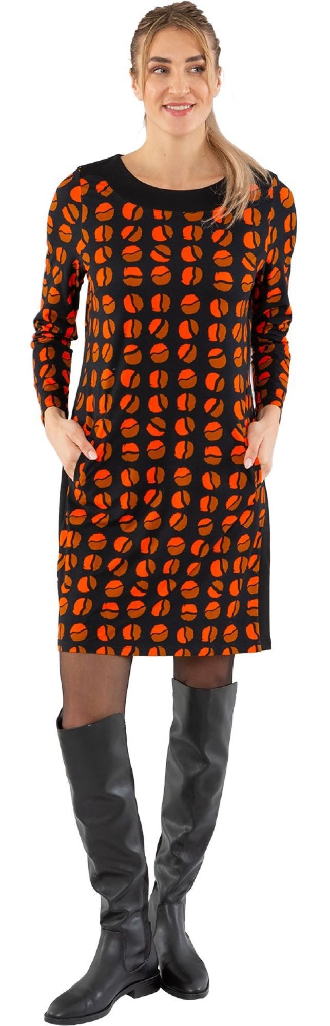 Estefania for woman Midikleid 193-5210, Kleid mit Kreisen und Galonstreifen U-Bootausschnitt mit Blende