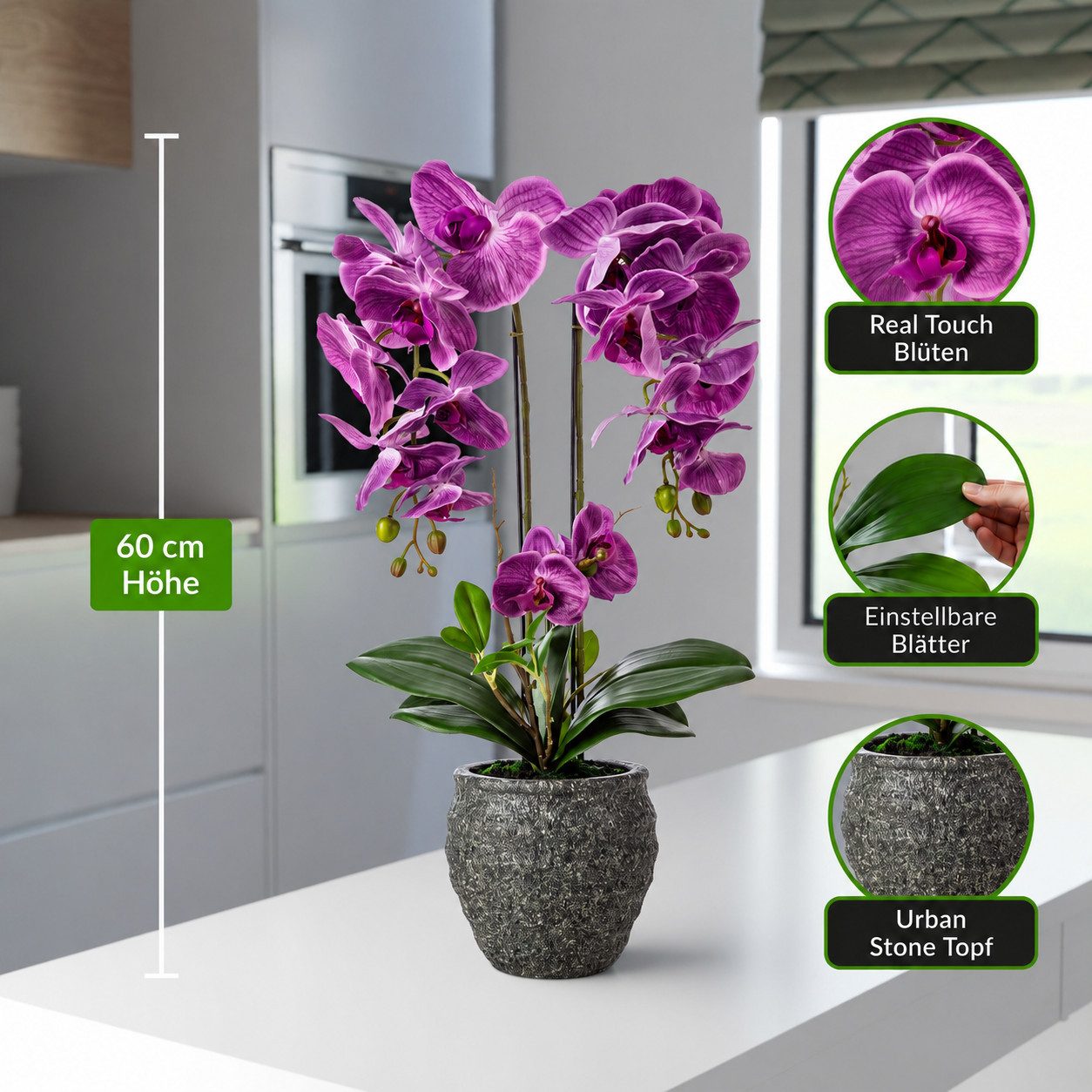 Kunstorchidee PASCH® Orchidee künstlich wie echt (60cm) in Urban Stone Töpfen Orchidee, PASCH, Real Touch Blüten, Handgefertigter Stone Cube