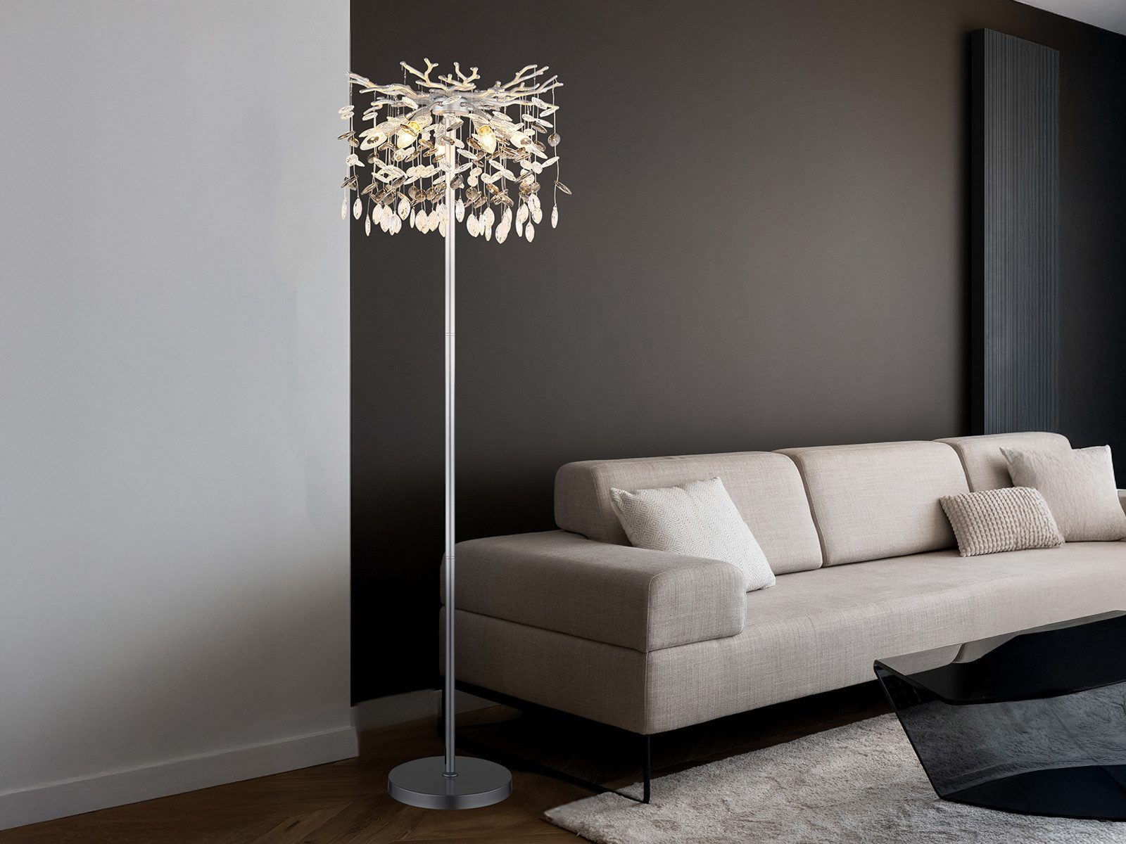 GLOBO LIGHTING LED Stehlampe mit Kristall 2-farbig Höhe 150cm, Dimmfunktion, LED wechselbar, Warmweiß, ausgefallene Stehleuchte, Wohnzimmerlampe stehend inkl. Leuchtmittel