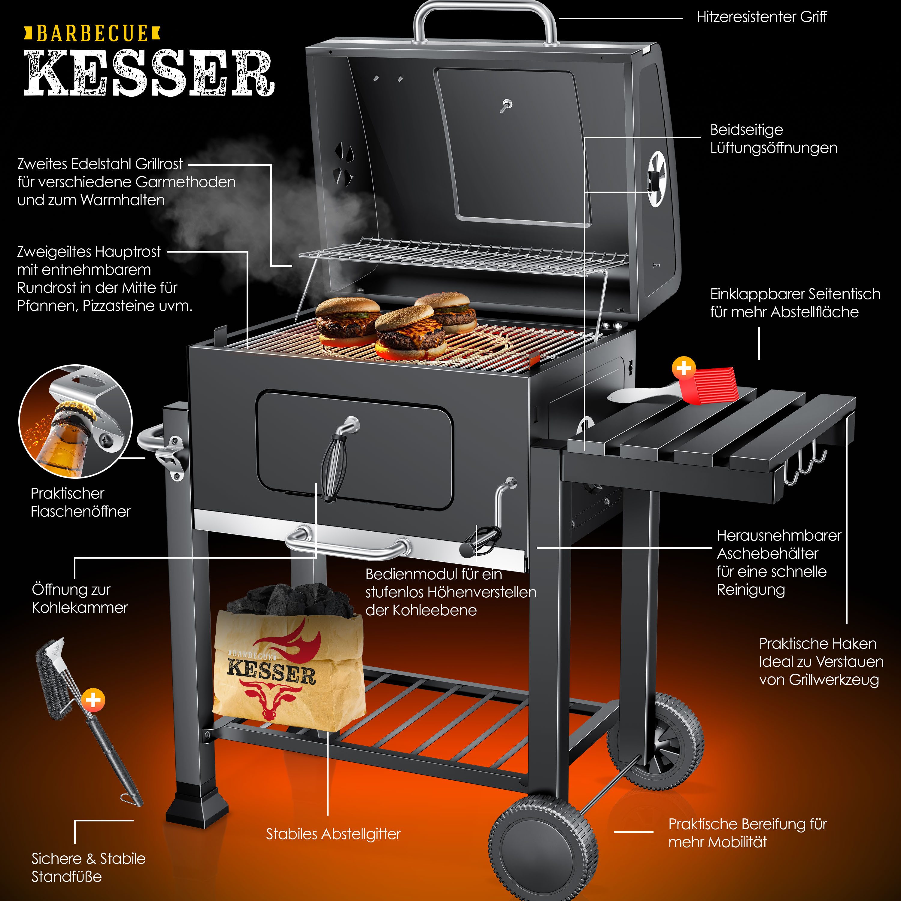 KESSER Holzkohlegrill Grillwagen BBQ Smoker XL Holzkohlegrill mit Deckel, Rädern, Edelstahl-Griff, Thermometer, Grillrost, Standgrill, Kohlegrillwagen