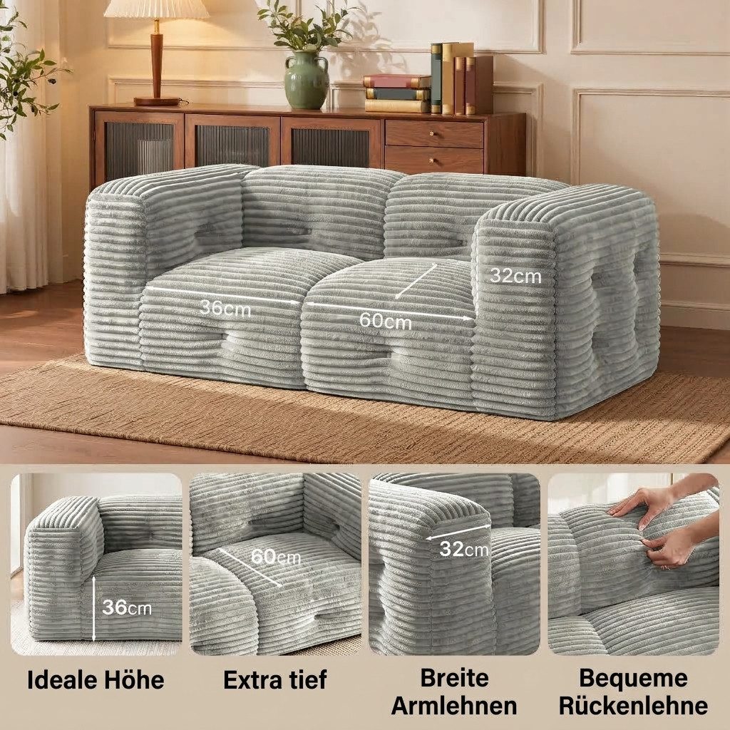 Bealife 2-Sitzer Cord-Sofa mit extra breiten Armlehnen, Keine Montage erforderlich – Bild 4 von 5