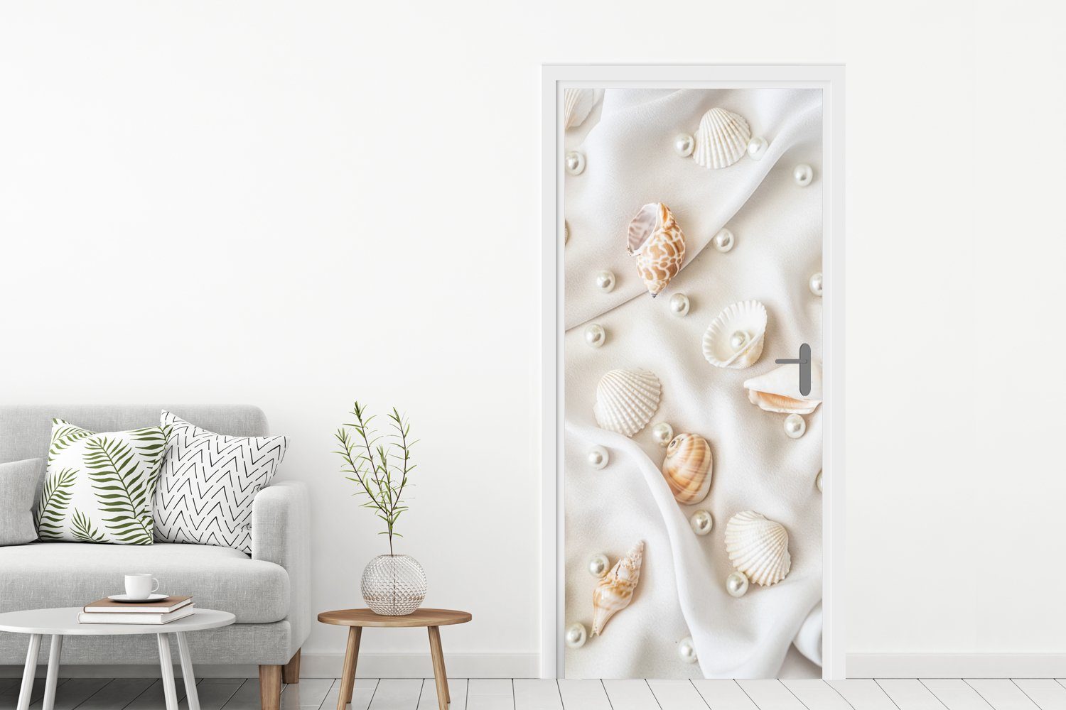 Fototapete und (1 Perlen Decke, St), einer Türaufkleber, bedruckt, cm Muscheln Matt, auf Türtapete Tür, weißen MuchoWow für 75x205