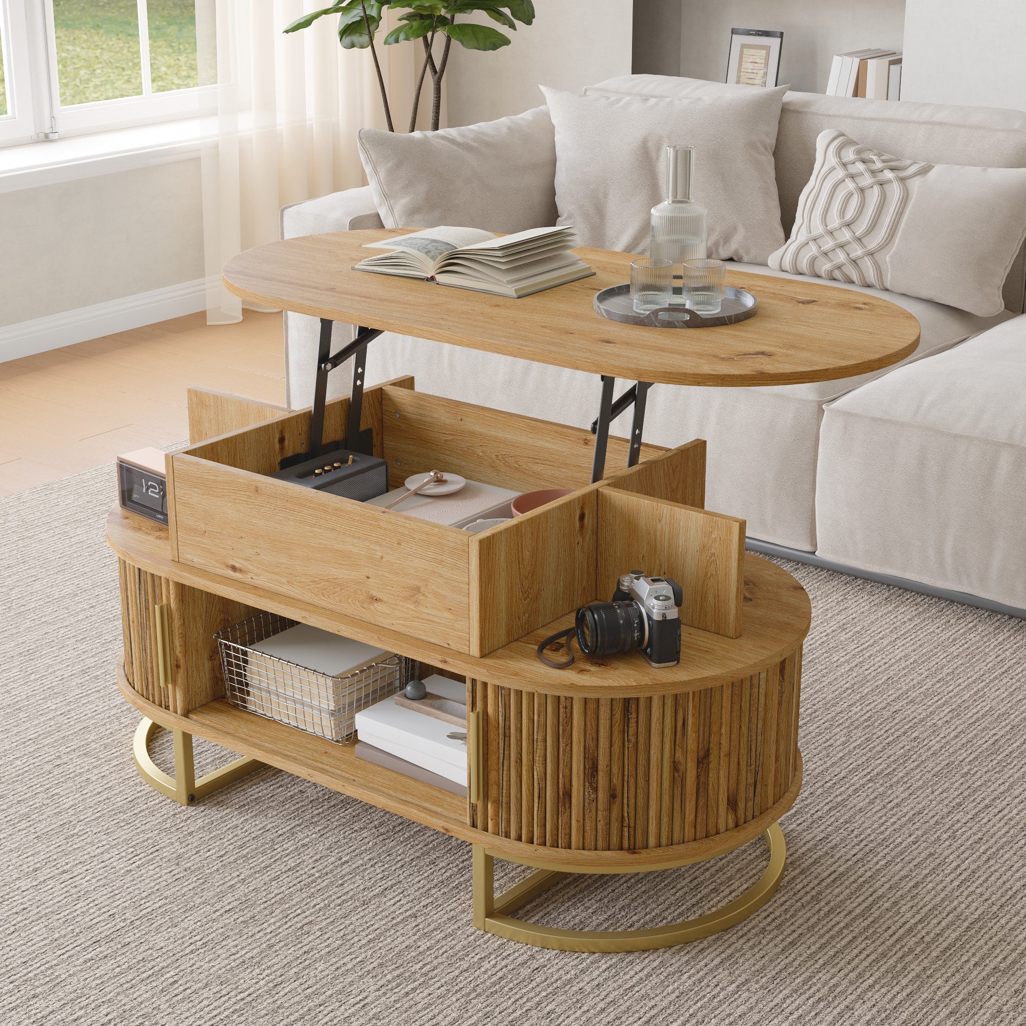 Merax Couchtisch oval Sofatisch anhebbarer Beistelltisch mit Liftfunktion im Holzoptik (100 L x 50 B x 64 H cm, 1-St), Wohnzimmertisch mit verstecktem Stauraum, offenen Ablagen,Schiebetüren