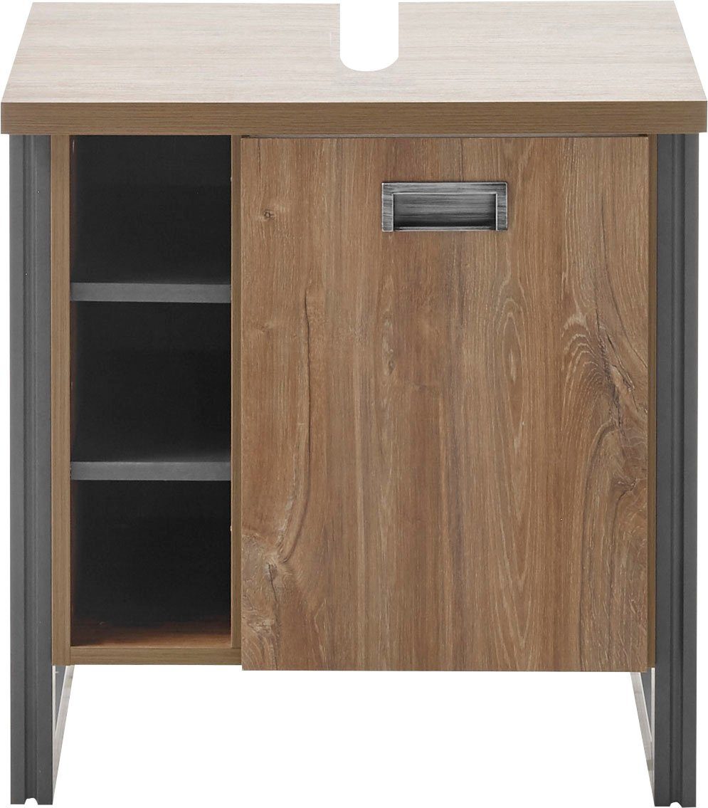 Home affaire Waschbeckenunterschrank Detroit, Waschtisch mit Apothekergriff, Badschrank im Industrialdesign Eiche Dekor, mit offenen Fächern & Stauraum, Breite 61 cm