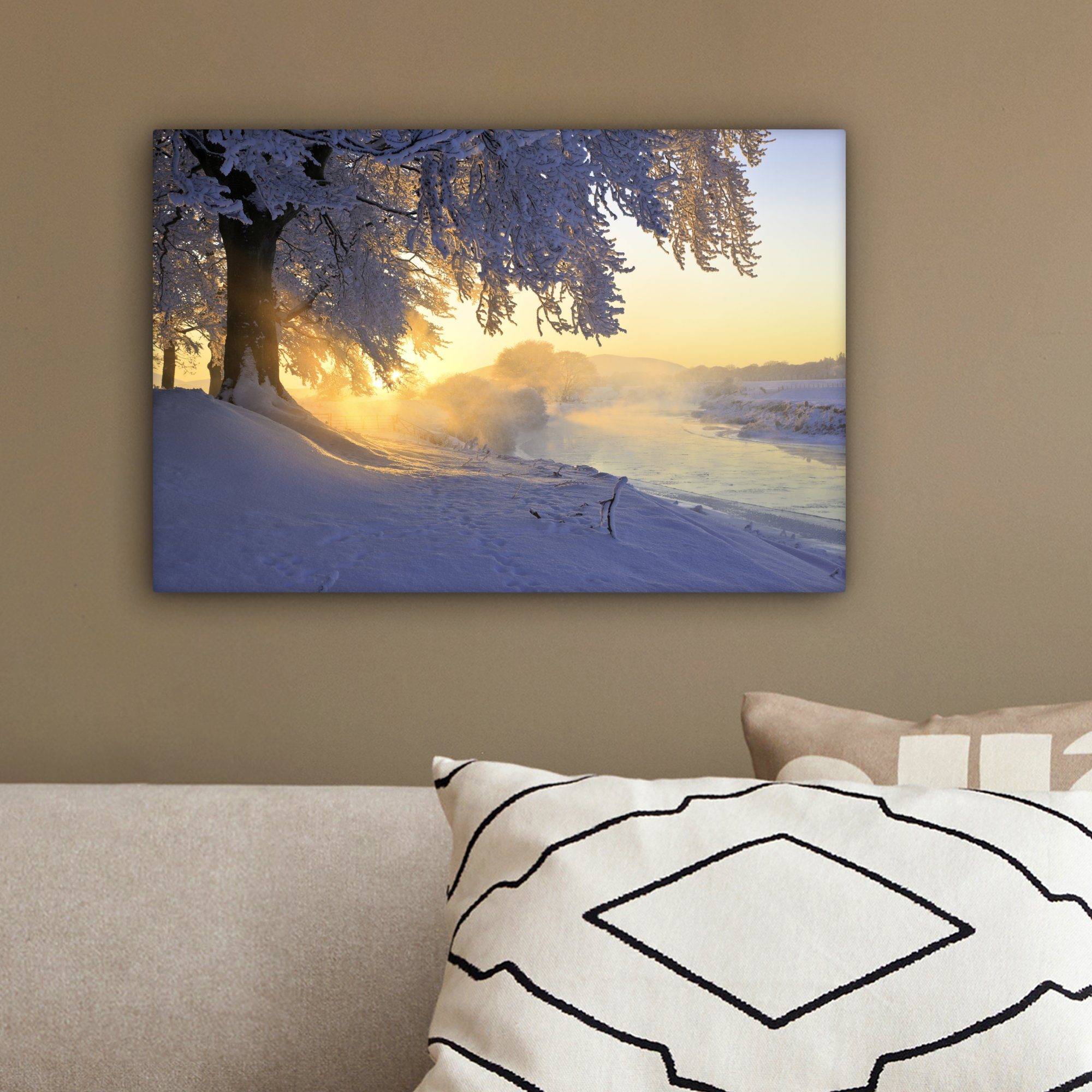 Aufhängefertig, 30x20 OneMillionCanvasses® verschneiter Leinwandbilder, (1 Baum mit Landschaft, St), Wandbild Leinwandbild Ein Wanddeko, cm