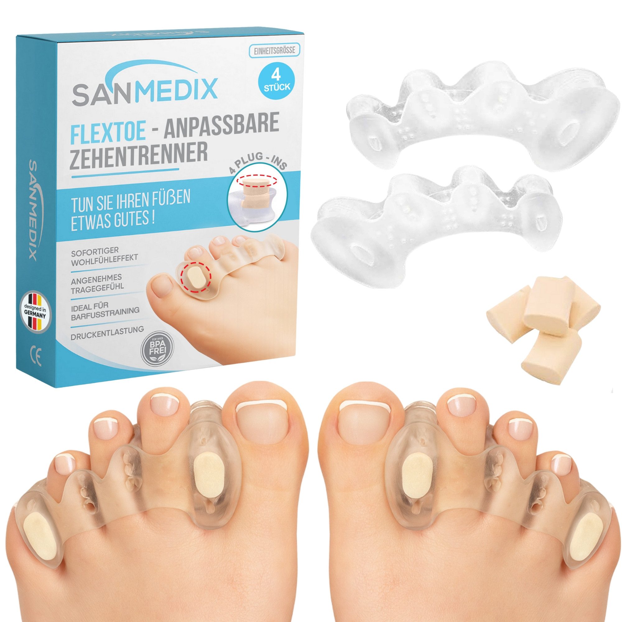 Sanmedix Zehenspreizer für alle Zehen - mit Plug-In System aus Silikon für Damen & Herren, 2 Paar (4 Stück + 4 Plug-Ins), Zehenstrecker Korrektur Set gegen Hallux Valgus, Ballenzehen uvm.