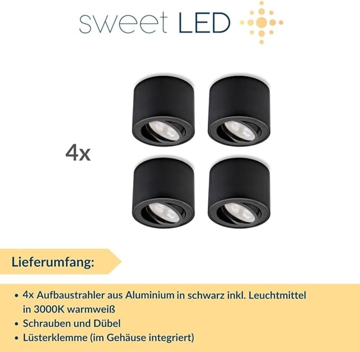 Sweet LED LED Aufbaustrahler 4er Set flache LED Aufbauspots schwarz - rund & schwenkbar, 5 W, 230V, LED wechselbar, Warmweiß, LED Deckenlampe, Deckenspot, Decke – Bild 5 von 5