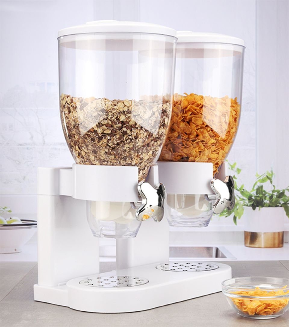 Gravidus Müslispender Müslispender Cornflakes Spender Cerealienspender mit zwei Behältern Weiss