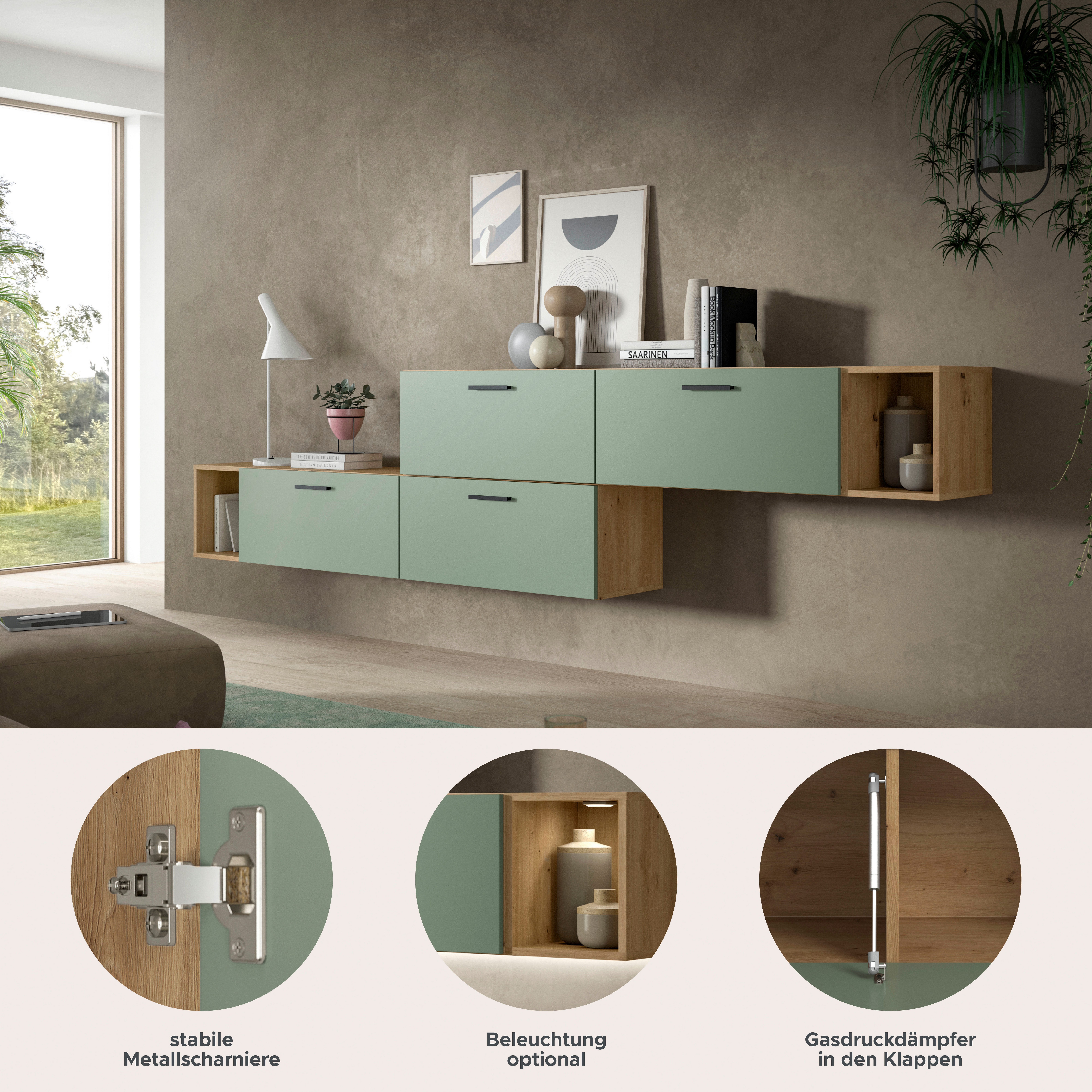 Home affaire Schrank-Set ENESTE, 6-teilig, in verschiedenen Farben, individuell kombinierbar, (2-St., verschiedenste Kombinationmöglichkeiten, stehend oder hängend), Stauraumelement, Kombination, Wohnkombination, Schrankwand, Lowboard
