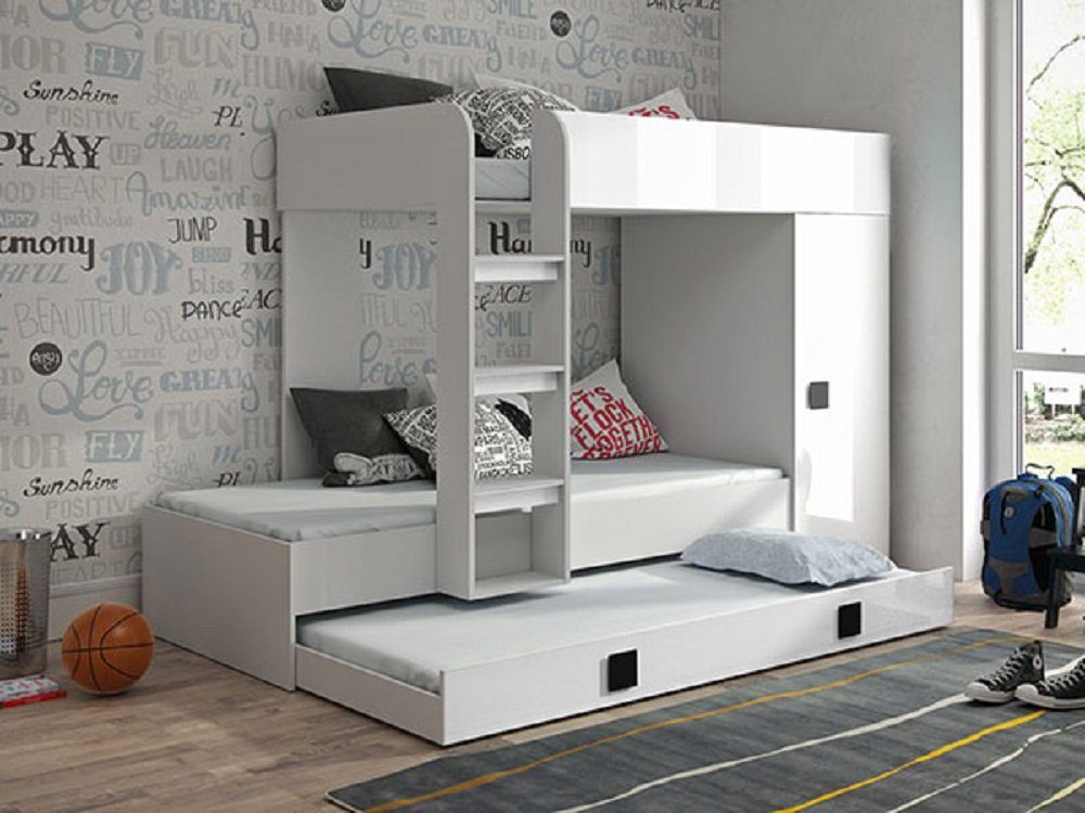 Feldmann-Wohnen Hochbett TOLEDO 2 (Etagenbett mit Kleiderschrank) Farbe wählbar weiß / weiß Hochglanz - Griffe schwarz