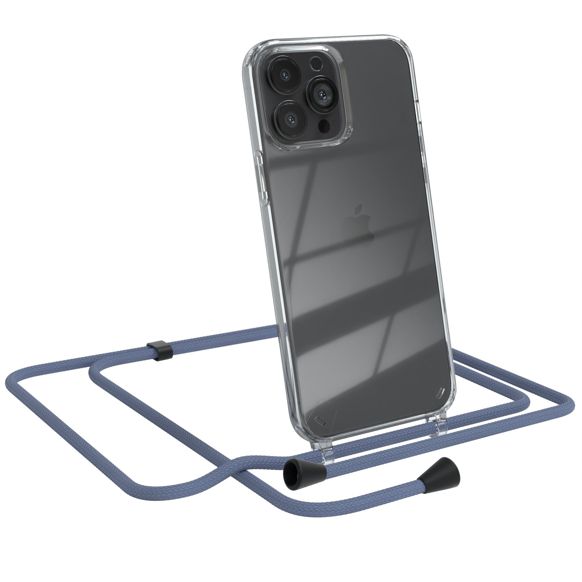EAZY CASE Handykette Clips Schwarz für Apple iPhone 13 Pro Max 6,7 Zoll, Silikonhülle Transparent Handyhülle mit Kordel Kette zum Umhängen Blau