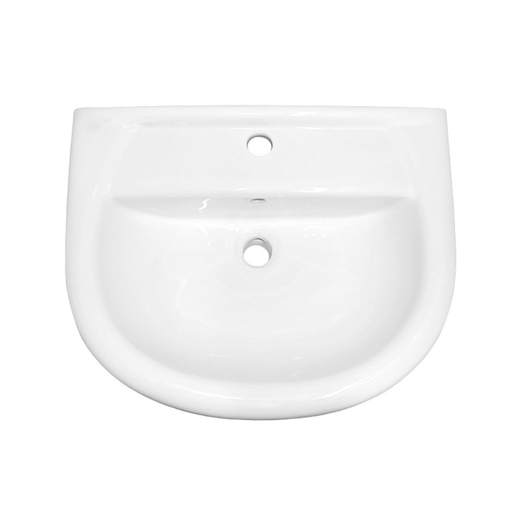 Stabilo Sanitär Waschbecken Hängewaschbecken weiß halbrund 56 cm aus Keramik mit Armaturenbank (Komplett-Set, mit Komplettset inkl. Abflussrohr und Abflussstopfen), Waschbecken ist robust, langlebig und pflegeleicht.