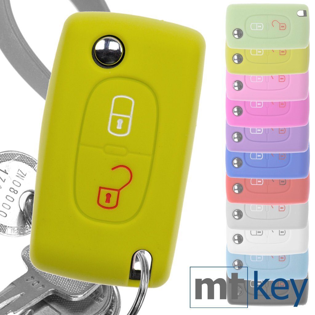 mt-key Schlüsseltasche Autoschlüssel Softcase Silikon Schutzhülle Apfelgrün, für Citroen Berlingo C2 C3 Peugeot 207 307 308 2 Tasten Klappschlüssel