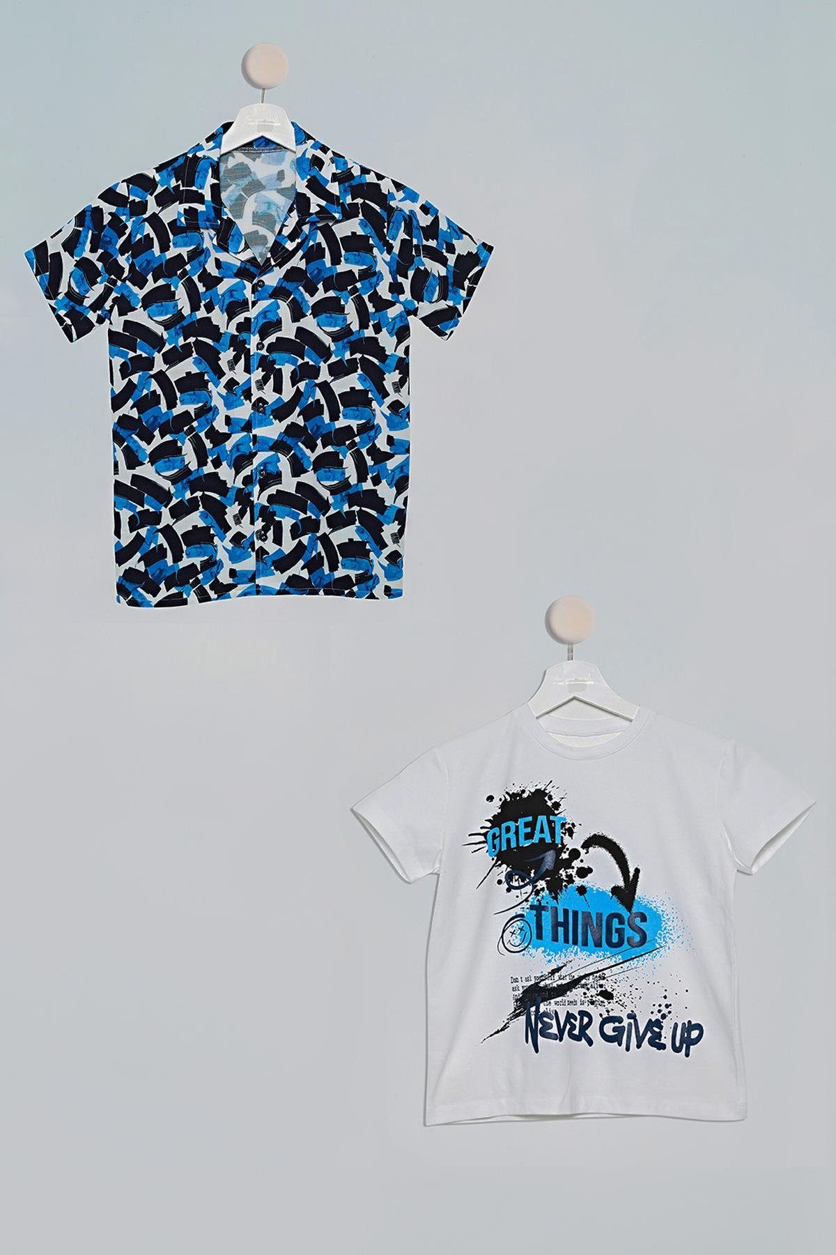 For You Moda Frackhemd 2-teiliges Bürstendruck Hemd T-Shirt Set