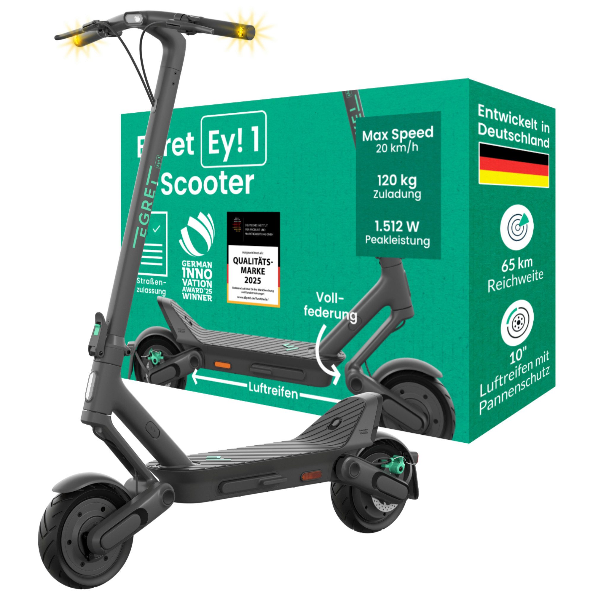 Egret E-Scooter Ey! 1,2,3,6,S mit Straßenzulassung, Blinker, 20 km/h, 30-65 km Reichweite, Entwicklung & Service aus Deutschland