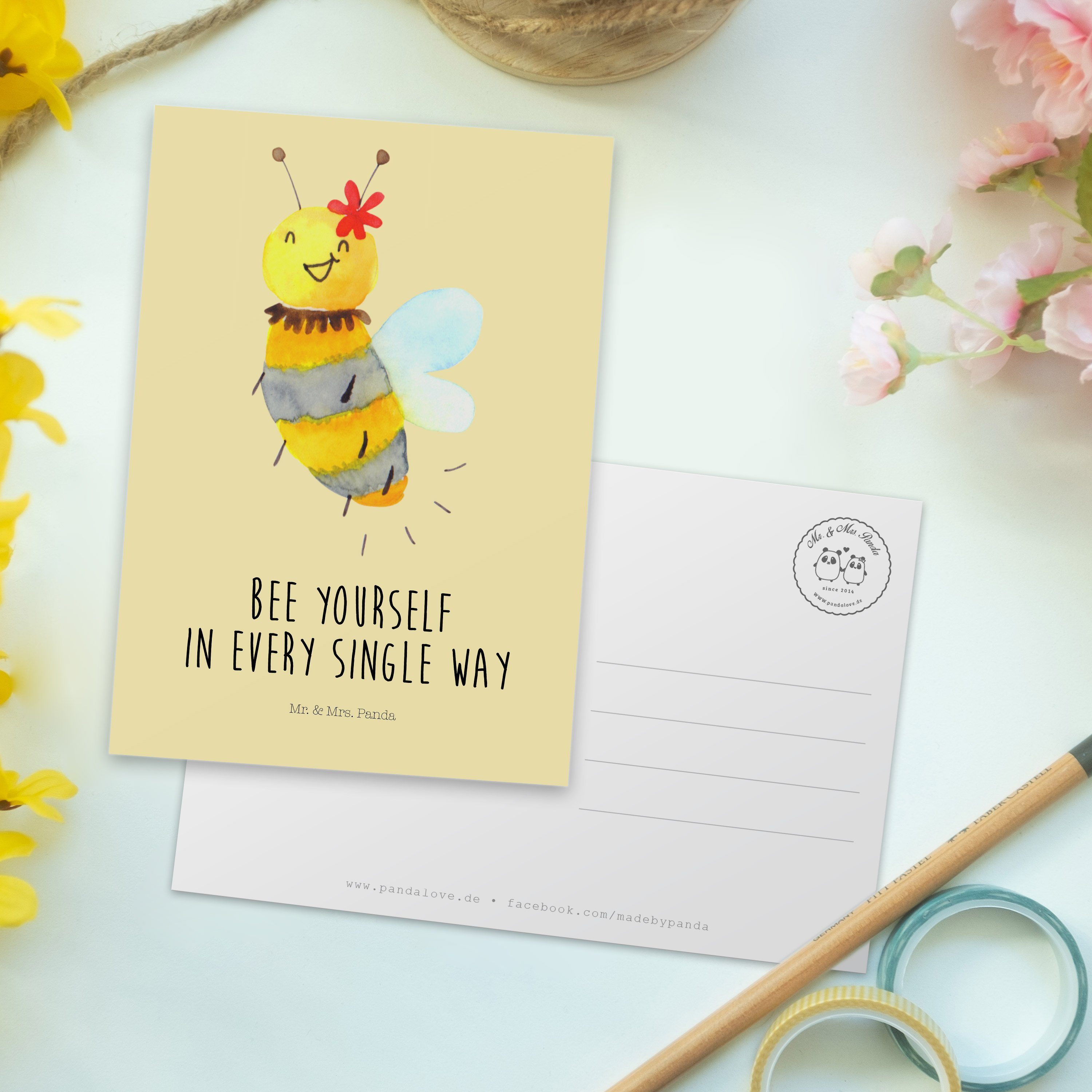 Blume Geburtstagskarte, - - Pastell Grußk Geschenk, Mr. & Mrs. Postkarte Biene Karte, Gelb Panda