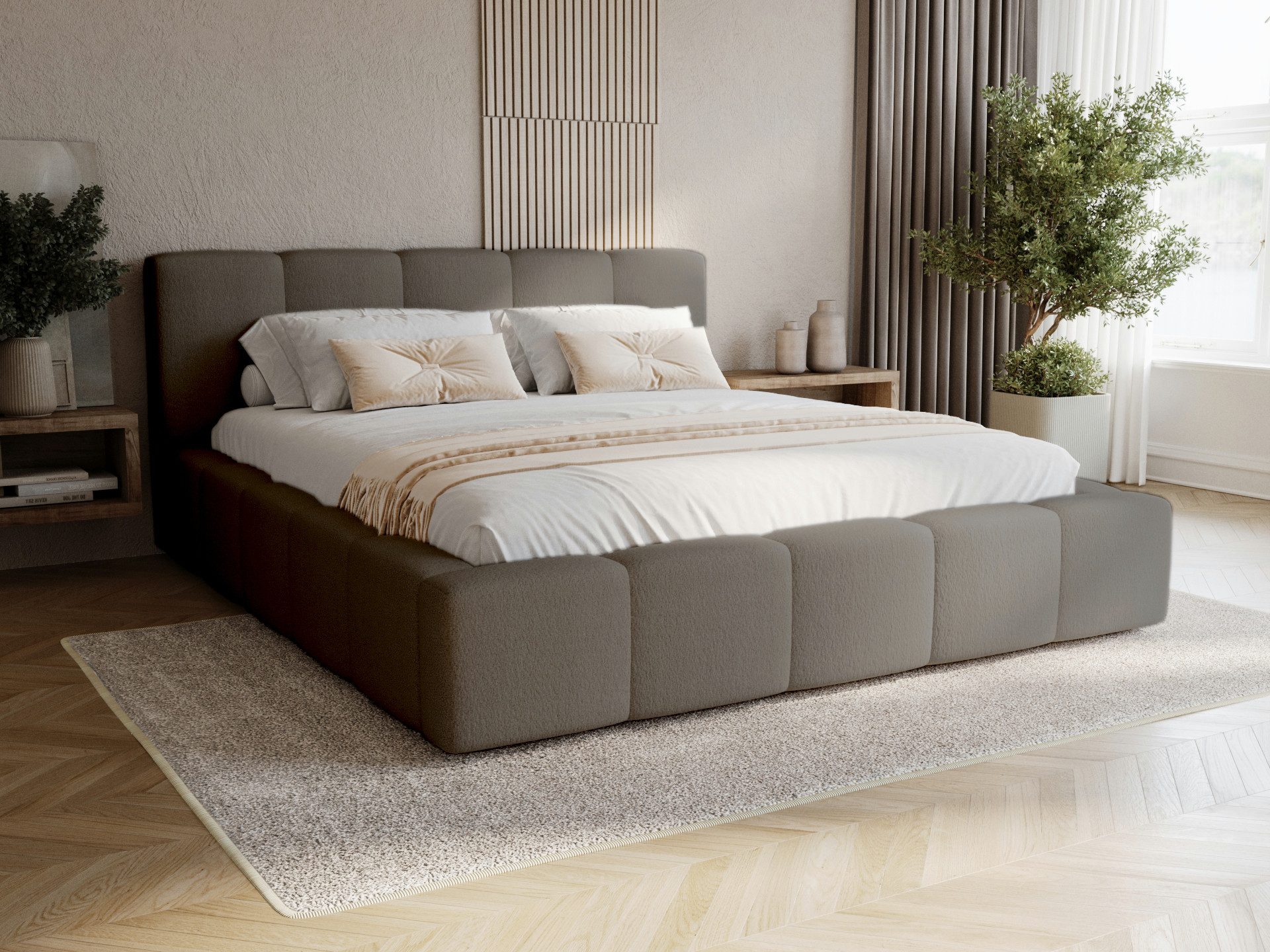 Compleo Polsterbett Wolkenbett boucle "LARAS" (140-200x200 cm) (TOPSELLER (inkl. Lattenrost, Bettkasten und gepolstertem Kopfteil), mit Bettkasten und Lattenrost
