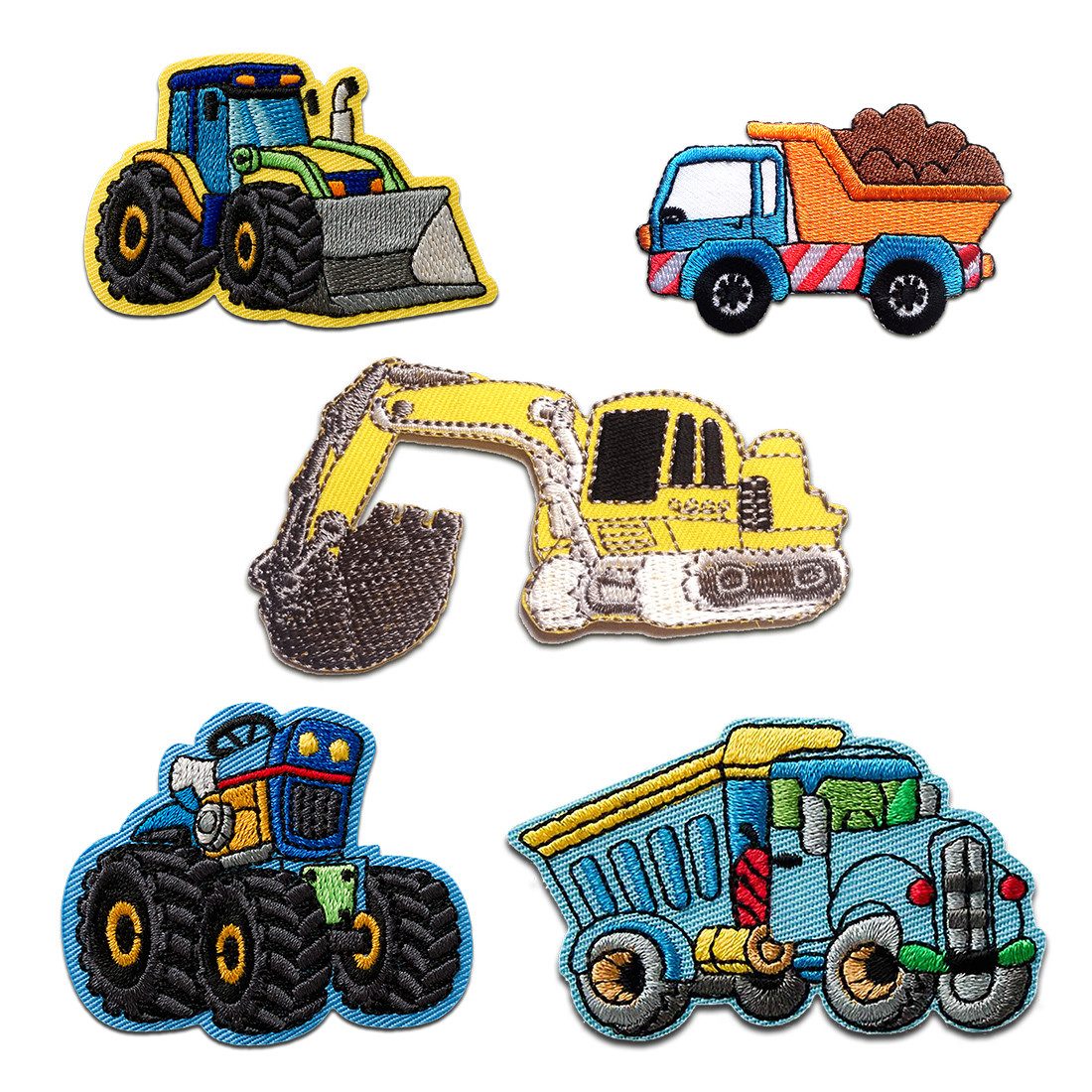 Catch the Patch Aufnäher Bügelbild, Aufbügler, Applikationen, Patches, Flicken, zum aufbügeln, Polyester, Aufnäher für Kinder - Baustellen Set 5 Stück Bagger LKW Kipper