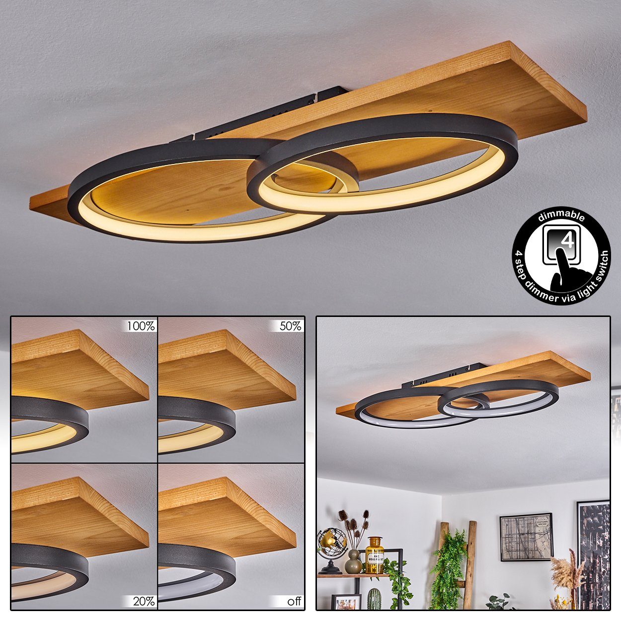 hofstein Deckenleuchte »Palermo« Deckenlampe aus Metall/Holz/Kunststoff in Natur/Schwarz, 3000 Kelvin, 75cm, dimmbar über Lichtschalter, 3500 Lumen, 1xLED 30 Watt