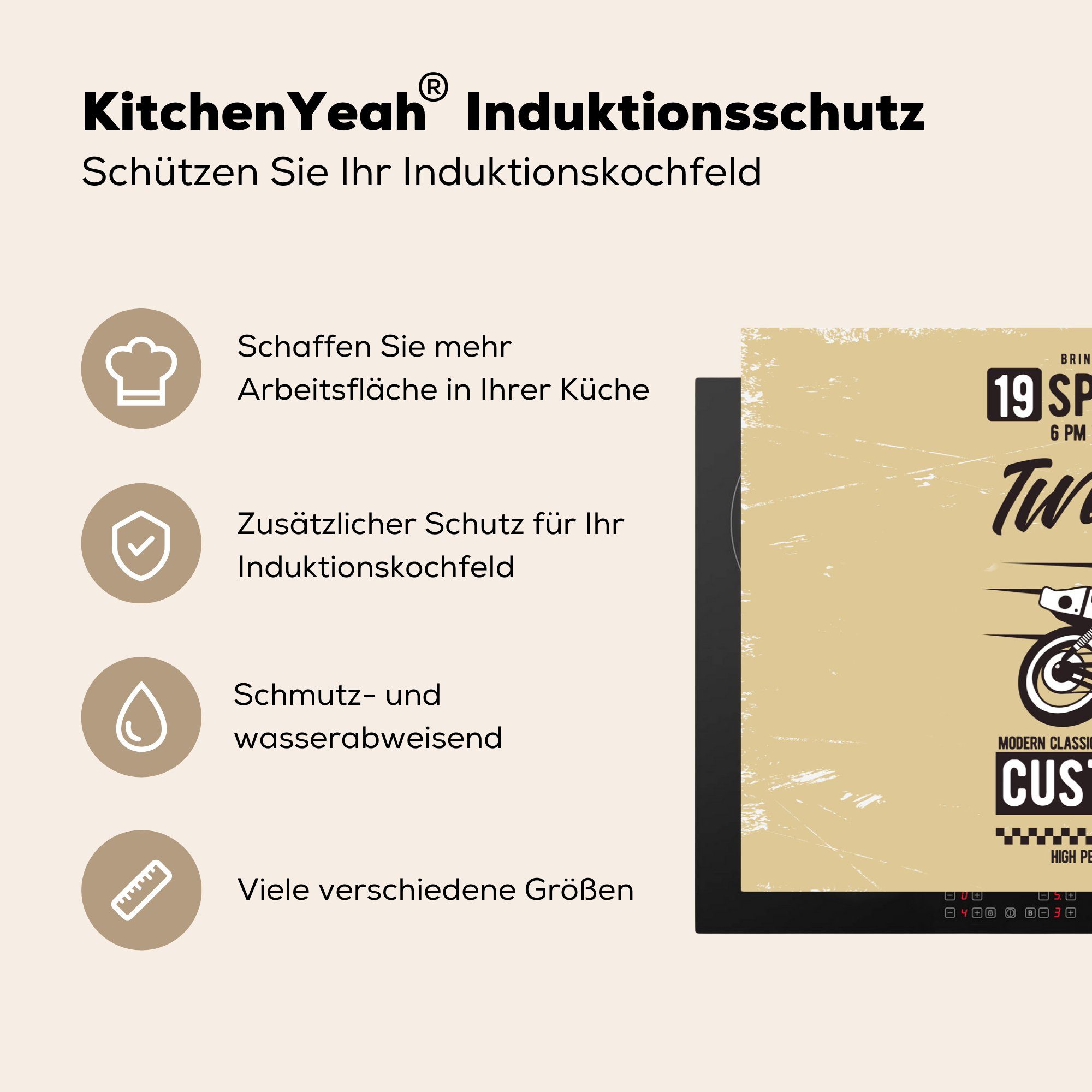 Induktionskochfeld MuchoWow - küche, Ceranfeldabdeckung für - die - Zeichnung Motorrad cm, Vinyl, (1 Herdblende-/Abdeckplatte tlg), Vintage Zitat, Schutz 81x52