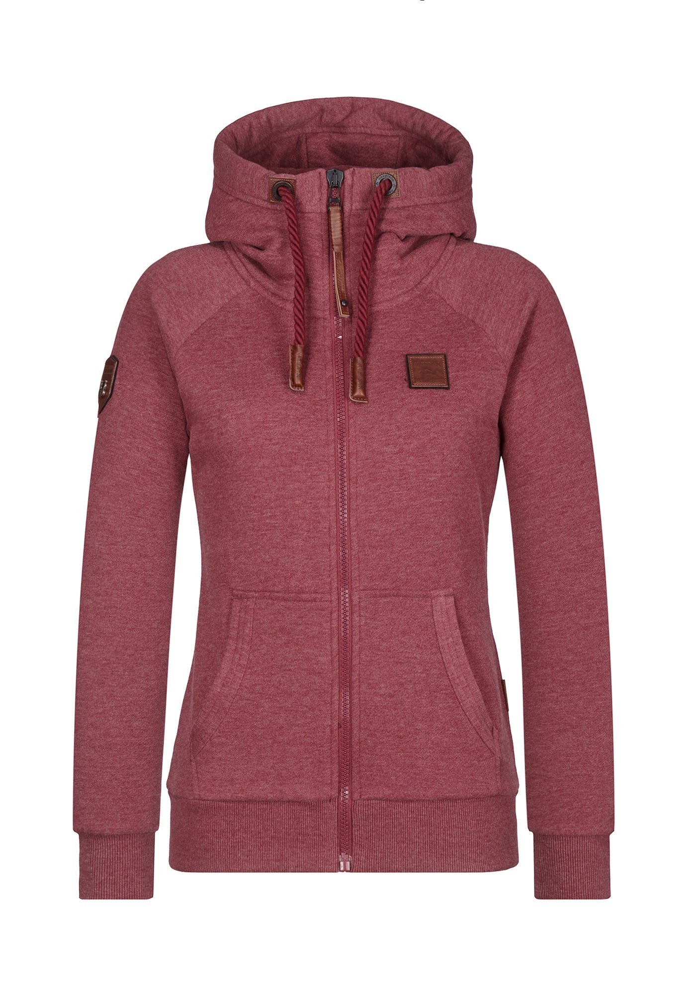 naketano Sweatjacke Damen mit Kapuze, Kängurutasche, tailliert, melierte Sweatware, Raglan Kordelzug, Rippbündchen, Kunstleder-Logo, casual, Streetwear, Langarm