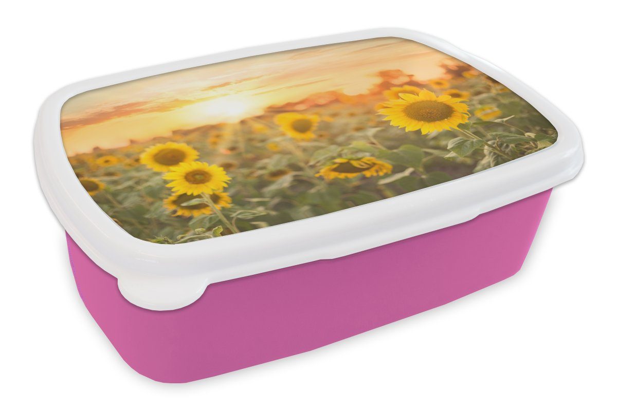 MuchoWow Lunchbox Sonnenblume - Sonne - Blumen, Kunststoff, (2-tlg), Brotbox für Erwachsene, Brotdose Kinder, Snackbox, Mädchen, Kunststoff rosa