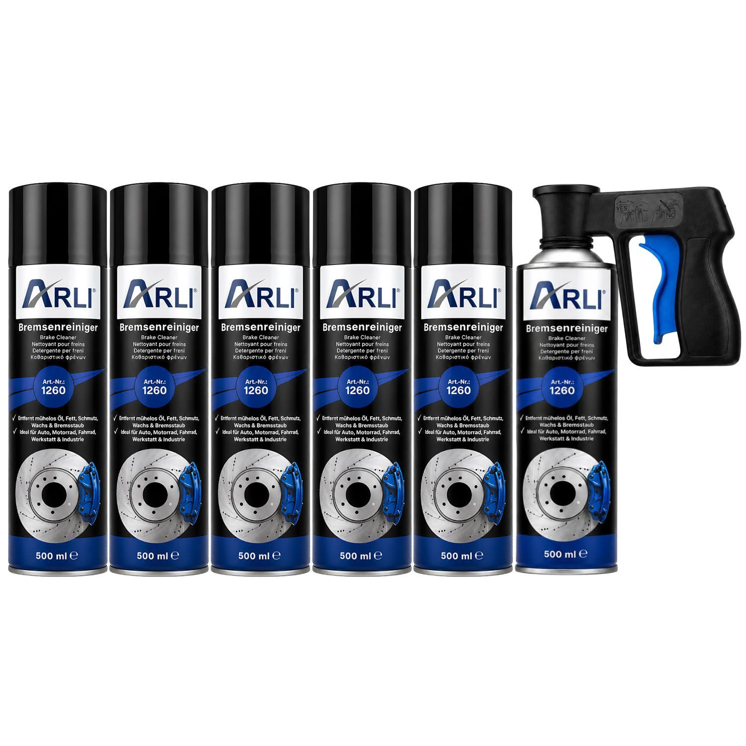 ARLI Bremsreiniger Spray Bremsen mit Sprühpistole Bremsenreiniger (Spar-Set, [6-St. 6er Set 500 ml Kupplungsreiniger 360° Aerosol Reiniger)