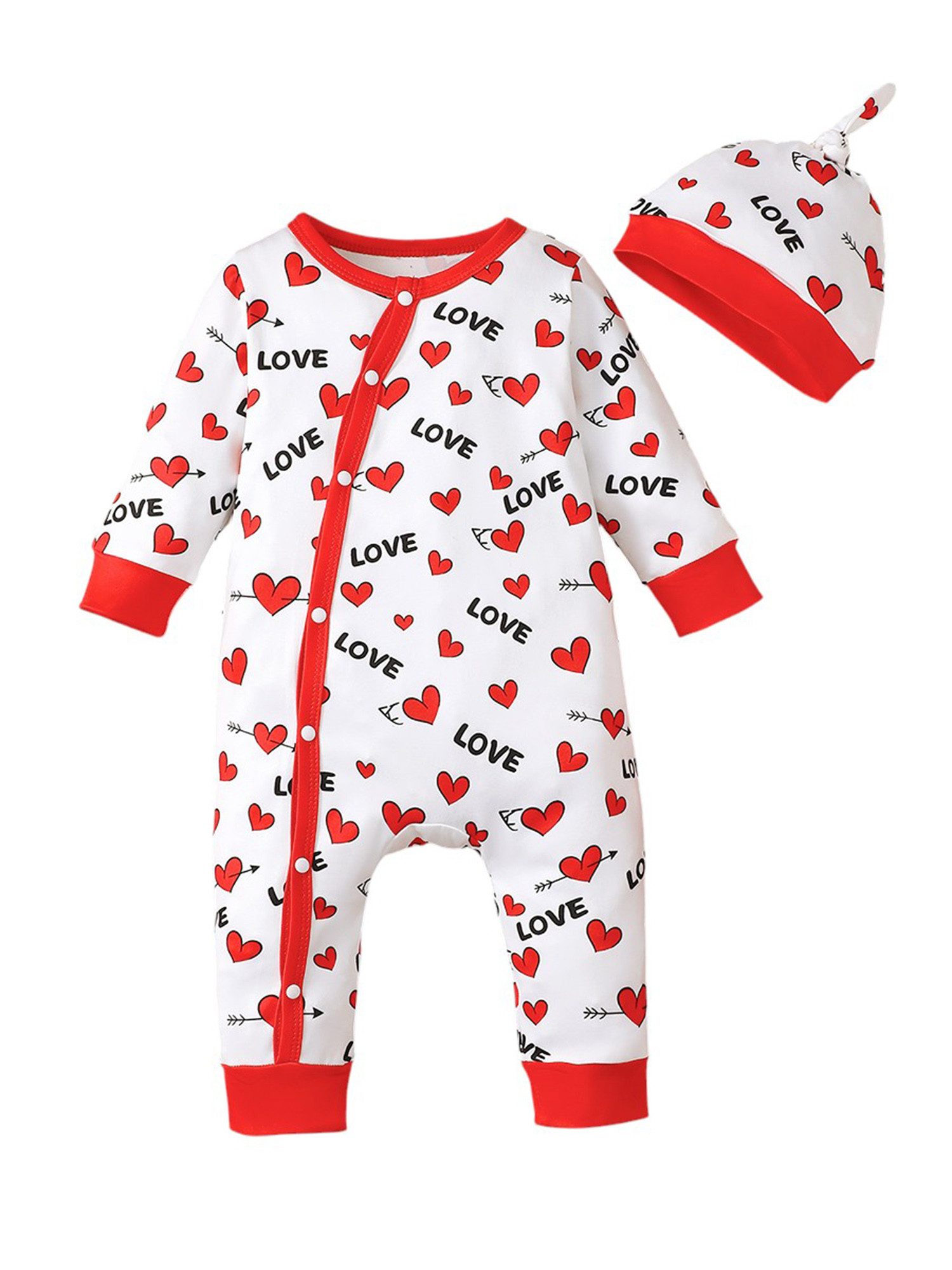 Gluckids Strampler Baby Mädchen Langarm Overall Bodysuit set mit Herz-Print und Stirnband (Set, 2-tlg) Freizeitanzug, Baby Outfit Set zum Valentinstag und Muttertag